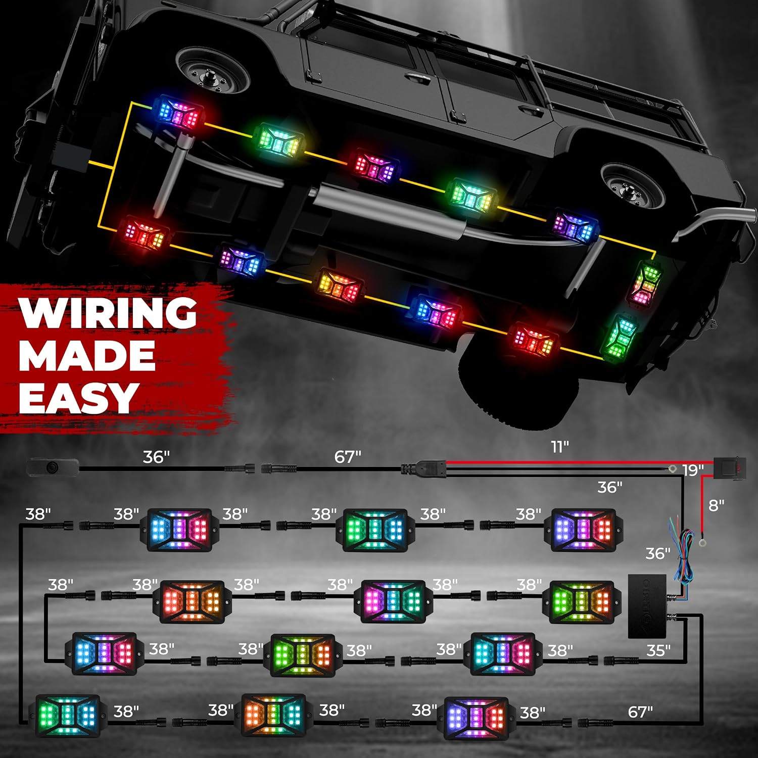 12 Pods Five Sided RGB Rock Lights for Trucks, Chasing Color App & Remote