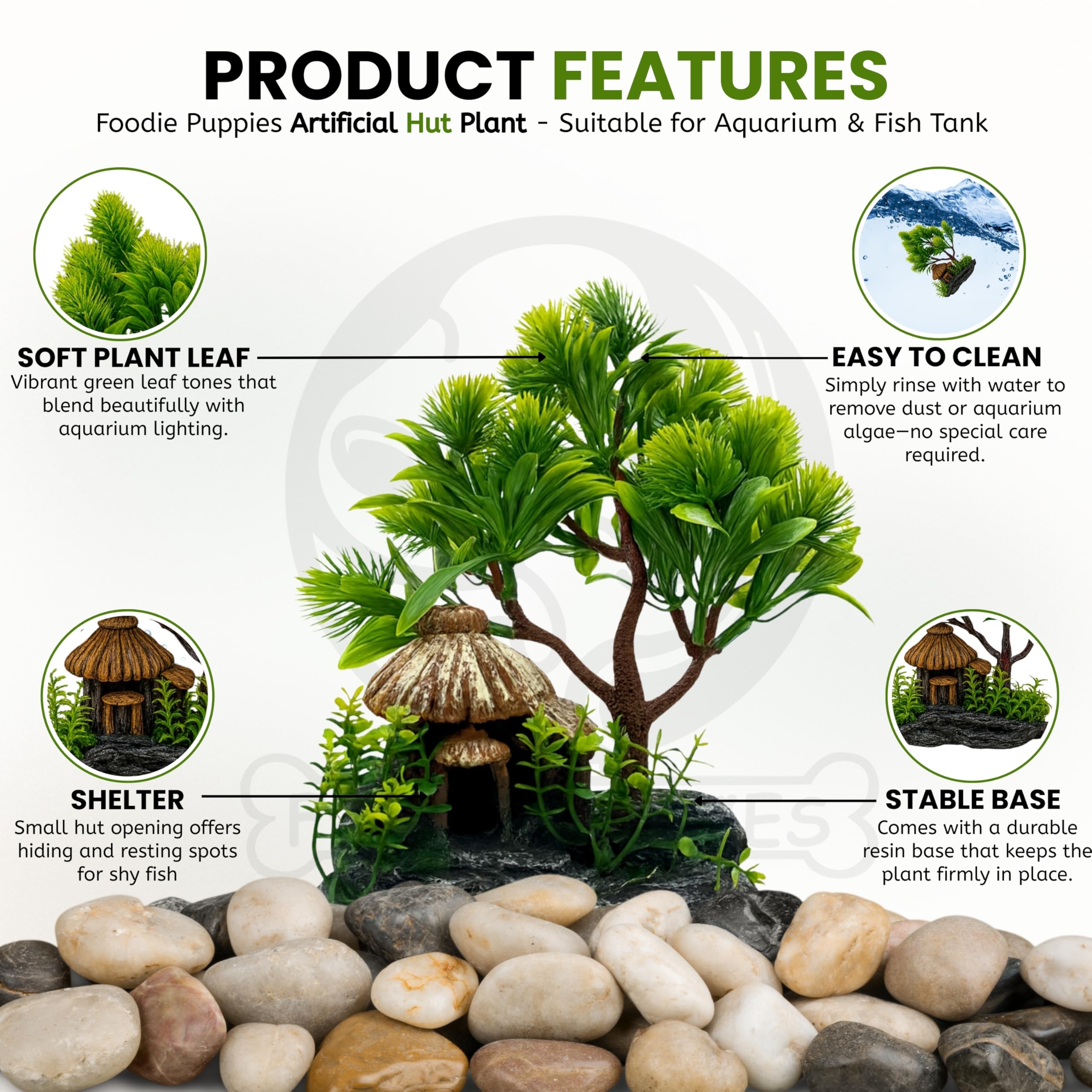 Foodie Puppies Aquarium Plastic Plants with Resin Base Decor - (Hut Plant, Medium - 19cm) for Fish Tank Ornament Accessories, Decorations | Natural Looking Artificial Plant 2