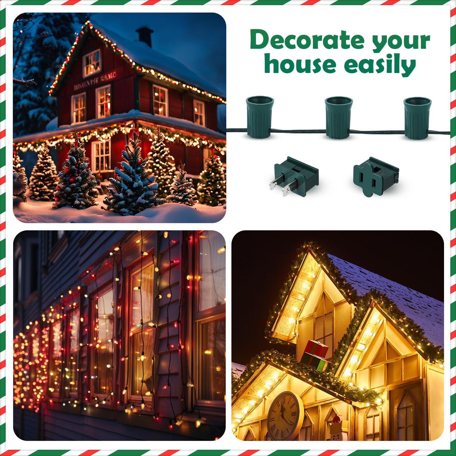 Copkim Juego de enchufes de luz de Navidad C9/E17, carrete para exteriores, con certificación UL, tira de luces de Navidad, a granel, salida de iluminación de vacaciones, 12 espacios, para decoración