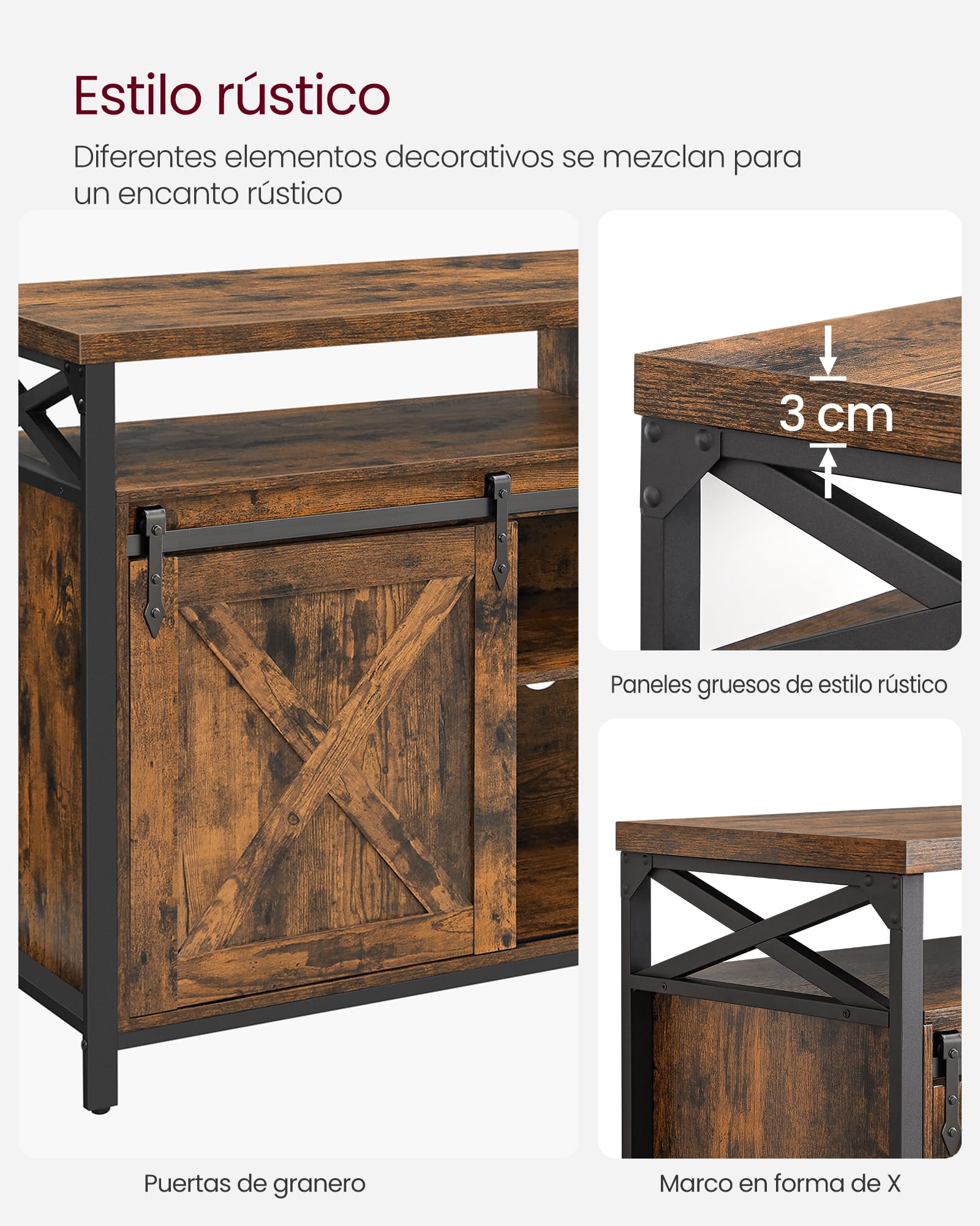 VASAGLE Mueble para TV, Soporte para TV de 65 Pulgadas, con Estantes Ajustables, Puertas de Granero, Diseño de Granja, Marco de Metal, Marrón Rústico y Negro LTV071B01V1