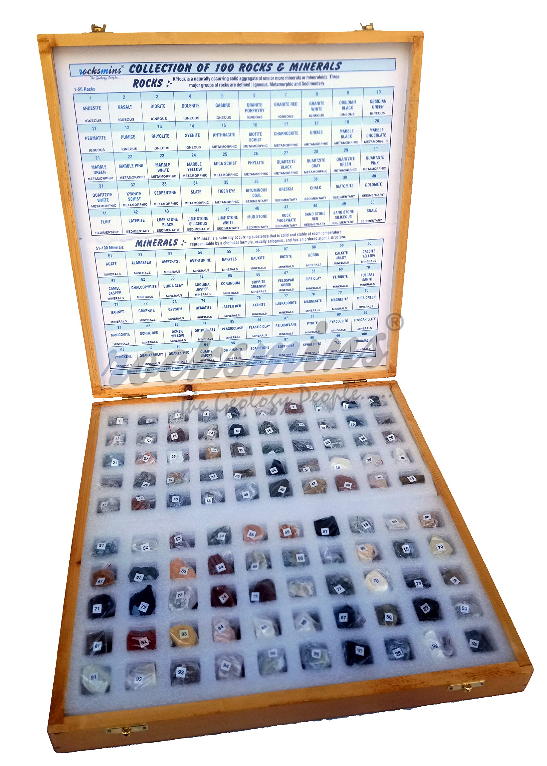 Rocksmins Collection of 100 Rocks & Minerals in a Wooden Box RM100WB Small Specimens of 50 Rocks and 50 Minerals in one kit for Education of Geology Earth Science Kit Ideal Study of Earth Specimens-SC