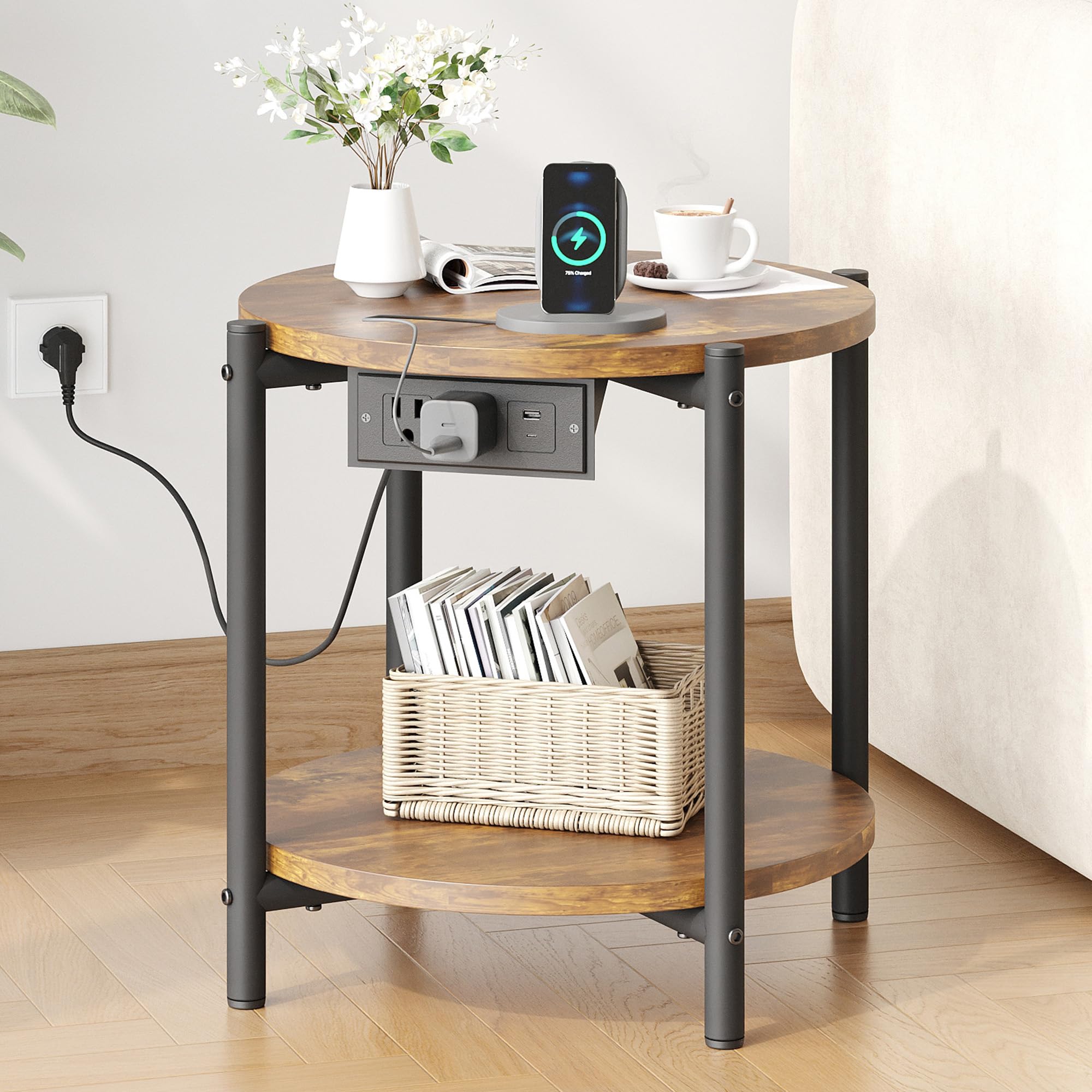 LIKIMIO Round End Tables, 16" W Small Round Side Tables with Charging Station, 2-Tier Modern Nightstands for Small Spaces, Living Room, Bedroom,