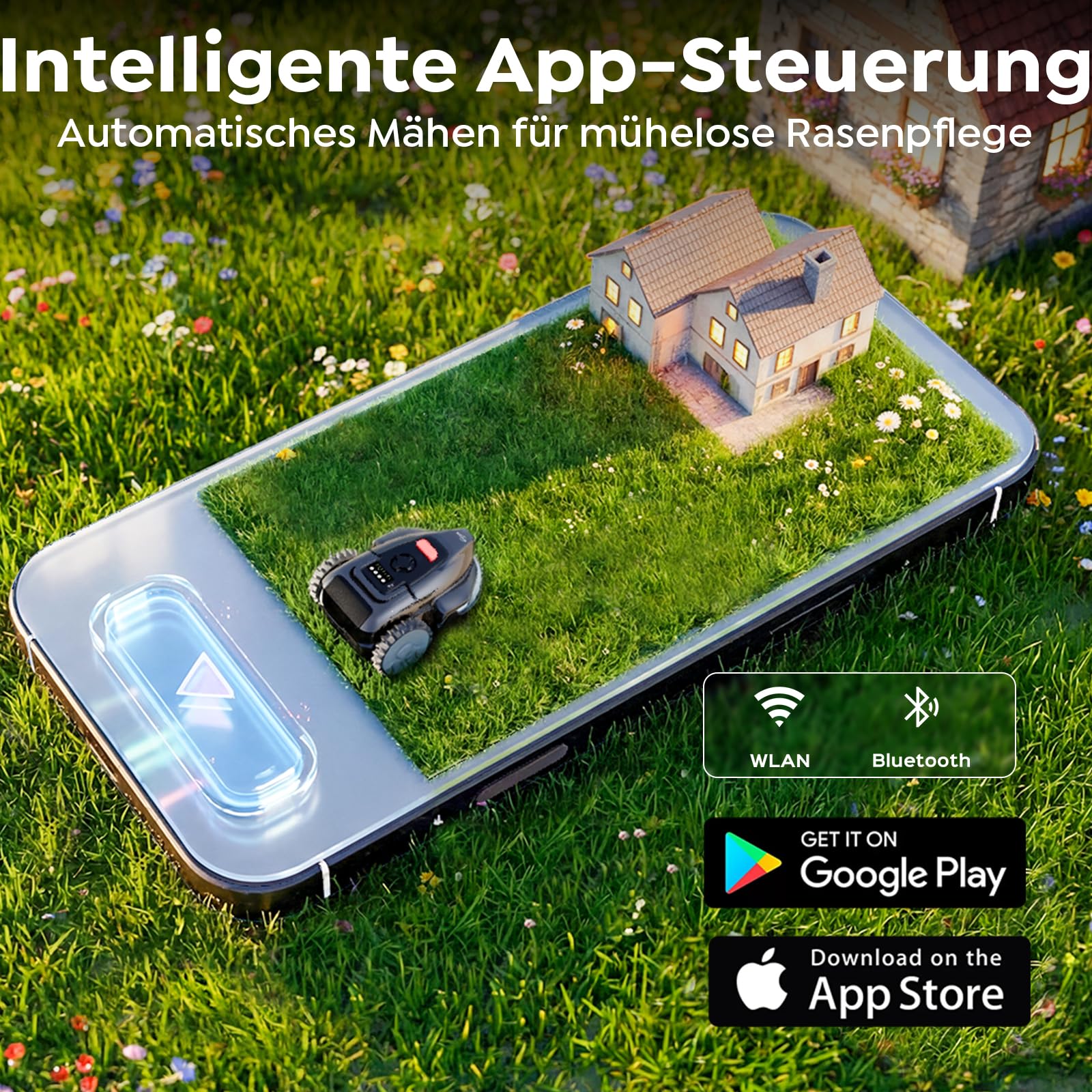 YARDCARE V3 Mähroboter ohne Begrenzungskabel, KI-Visionsnavigation, 150+ Hinderniserkennung, App-Steuerung, bürstenloser Motor, 50 dB, einstellbare Schnitthöhe, für kleine Gärten