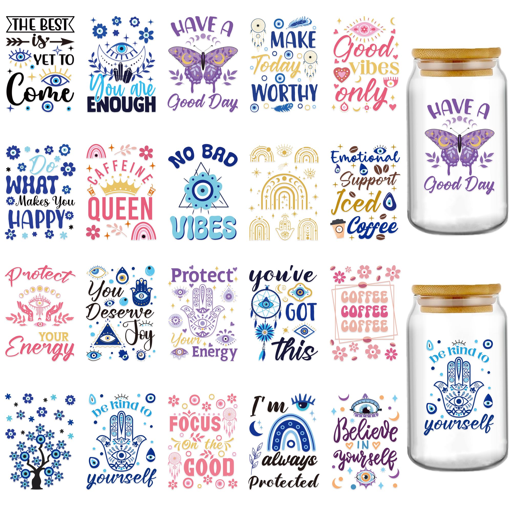 AFRITEE UV DTF Cup Wrap - 20 Sheets Evil Eye UV DTF Cup Wrap for 16 oz Glass Coffee Cups, Boho Dream Catcher, Devil Eyes Uvdtf Transfer Stickers for