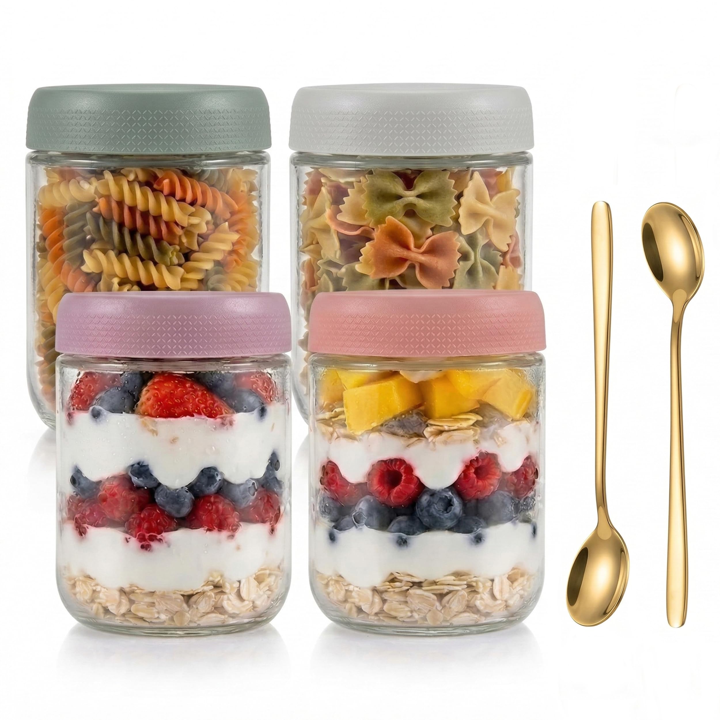 Overnight Oats - 4 bicchieri da 500 ml, a prova di perdite, con tappo a vite e anello in silicone, ideali come contenitore Meal Prep, per yogurt, per cereali, marmellate e alimenti per bambini
