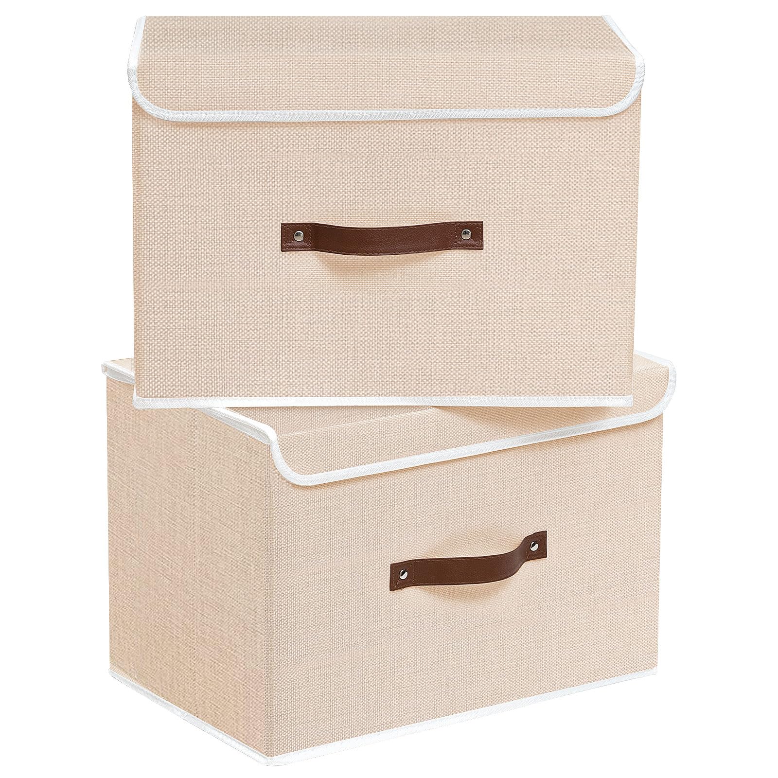 Yawinhe Storage Boxes with Lids 2 Pack, Collapsible Storage Bin with Handle, for Organizing Clothes, 38x25x25cm, Beige, SNK018BE-2