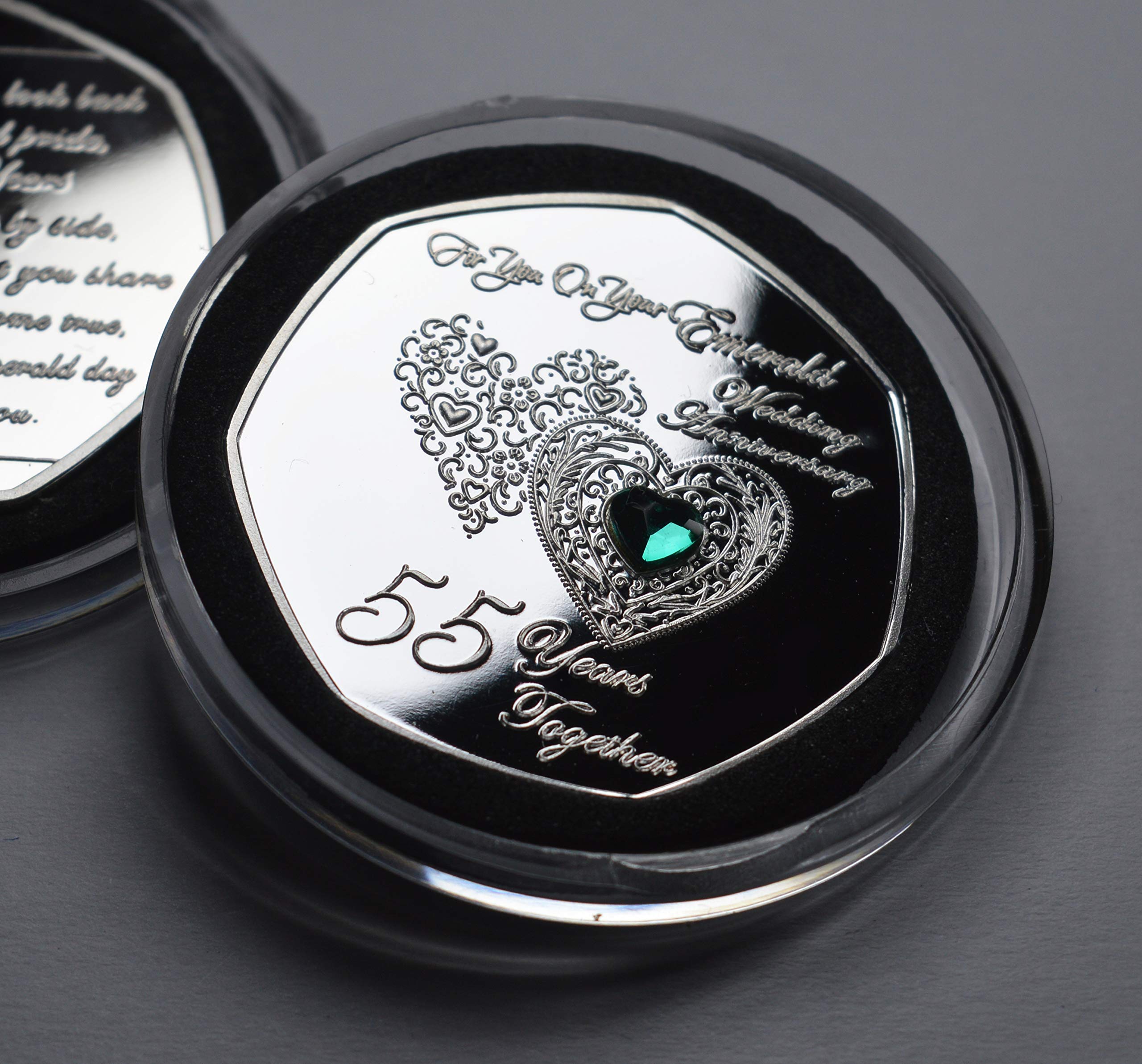 The Commemorative Coin Company 55TH EMERALD WEDDING ANNIVERSARY Silver Commemorative with Diamante Gemstone in Capsule. Gift/Present 55 Years Together