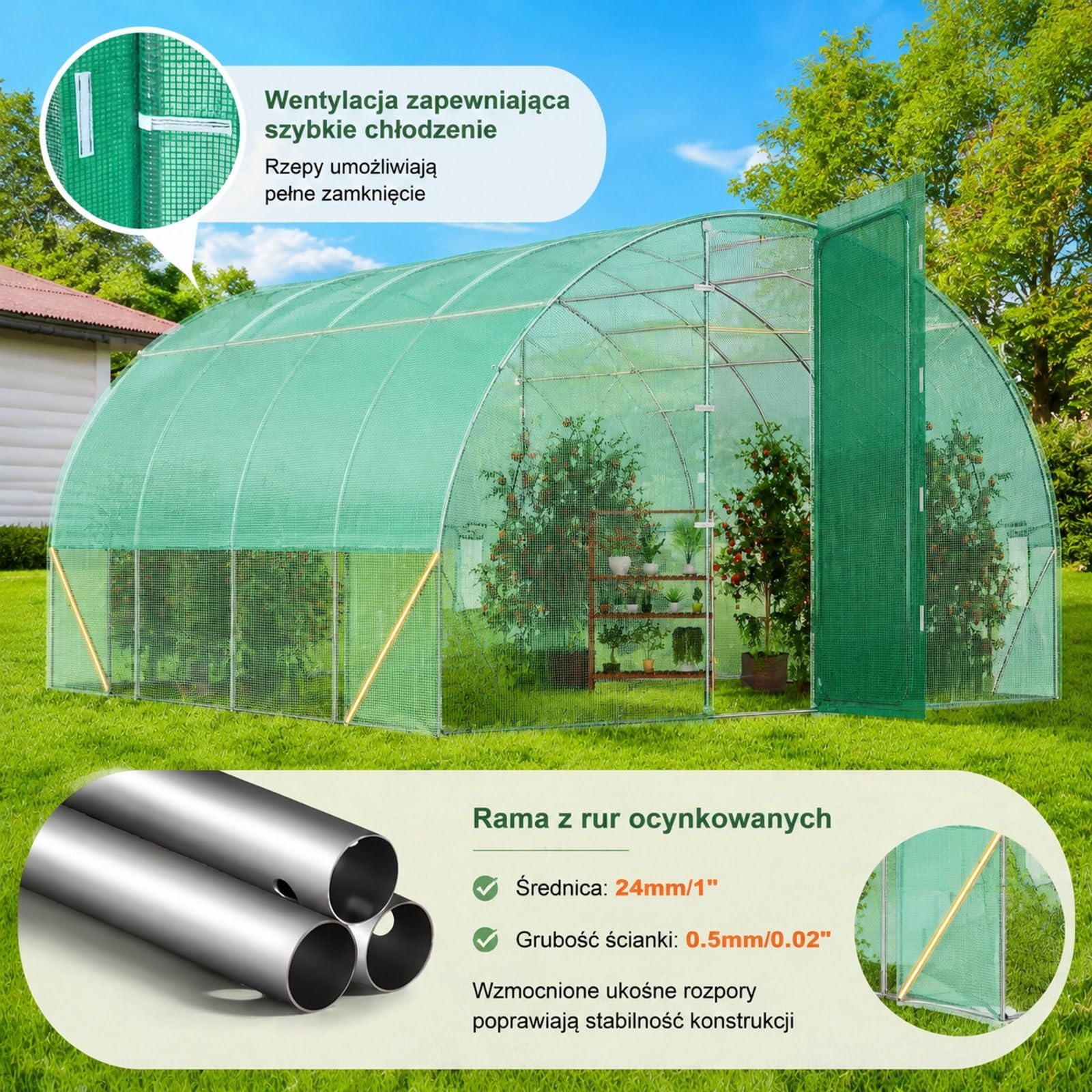 Szklarnia tunelowa, 6,8 x 2,3 x 2,3 m, plastikowa szklarnia tunelowa, szklarnia na rośliny z ocynkowaną stalową ramą, zieloną osłoną z polietylenu, drzwiami wahadłowymi i 12 oknami zwijanymi do u
