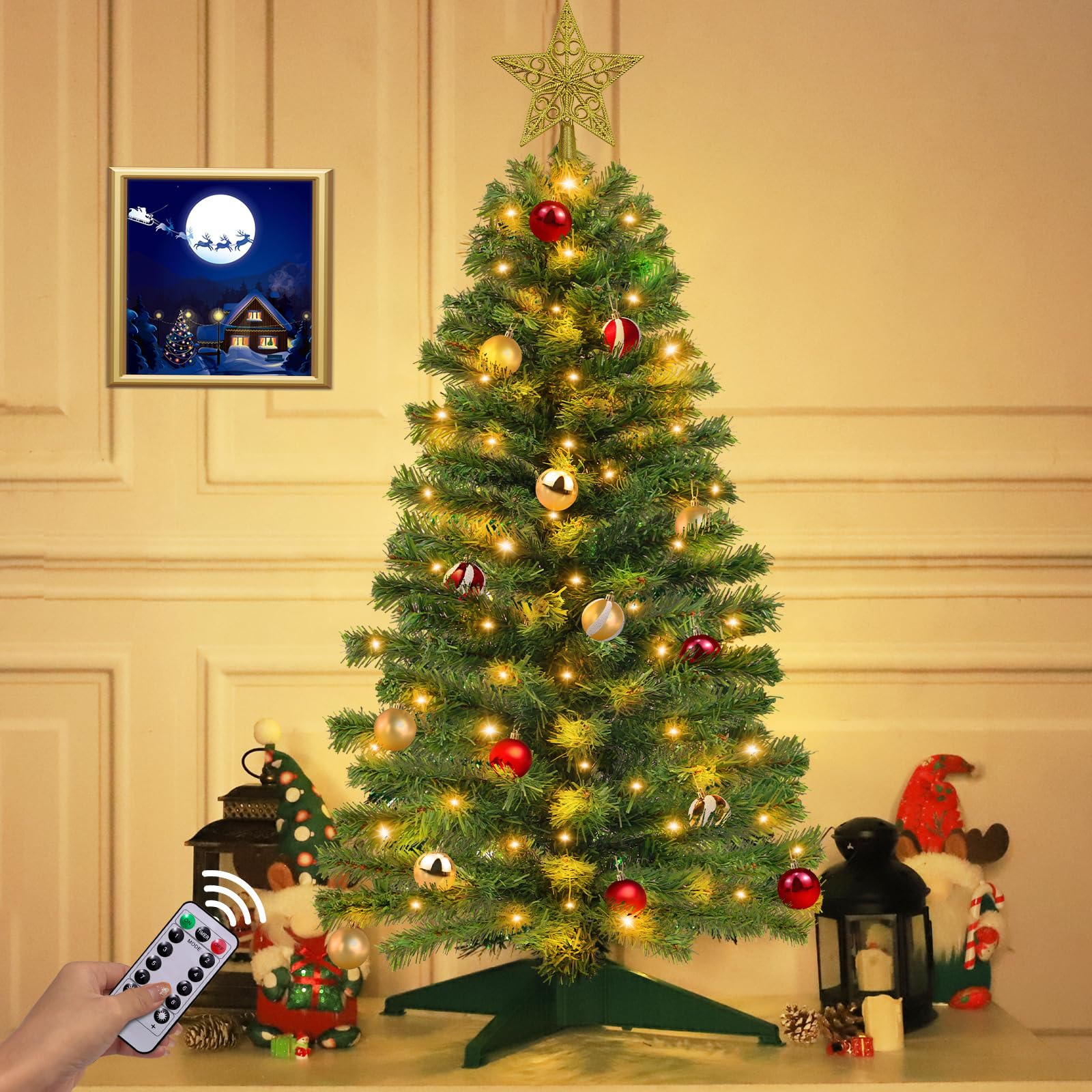 [Control remoto y 8 modos] Árbol de Navidad de 3 pies con temporizador, 50 luces cálidas, 15 adornos de bolas de bricolaje, estrella 3D, funciona con pilas, árbol completo, decoración de Navidad,