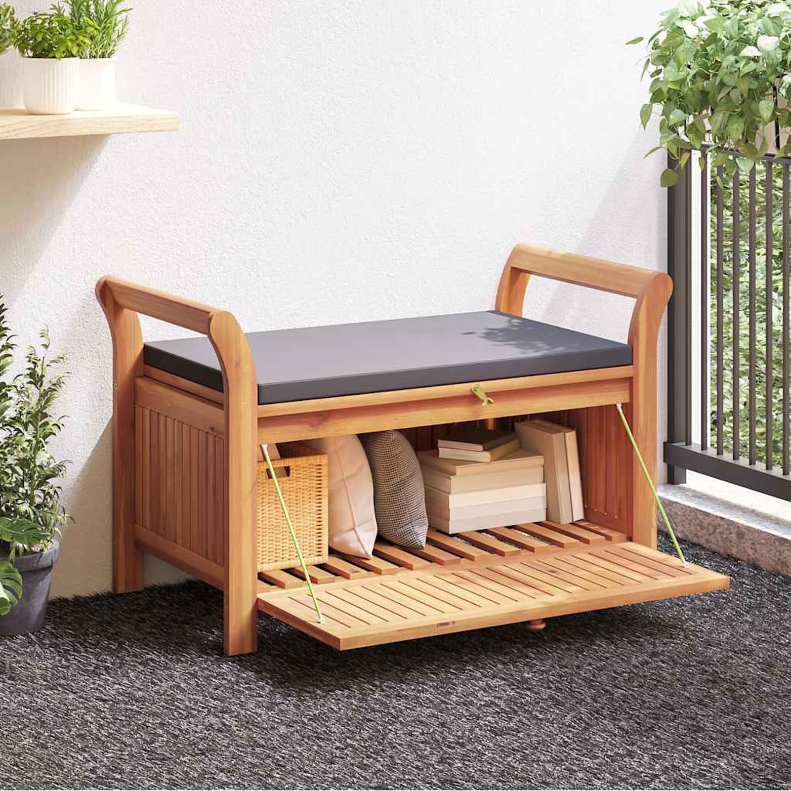 Homgoday Garten-Truhenbank mit Kissen 91 cm Massivholz Akazie, Stauraum, Dunkelgrau, für Outdoor-Benutzung