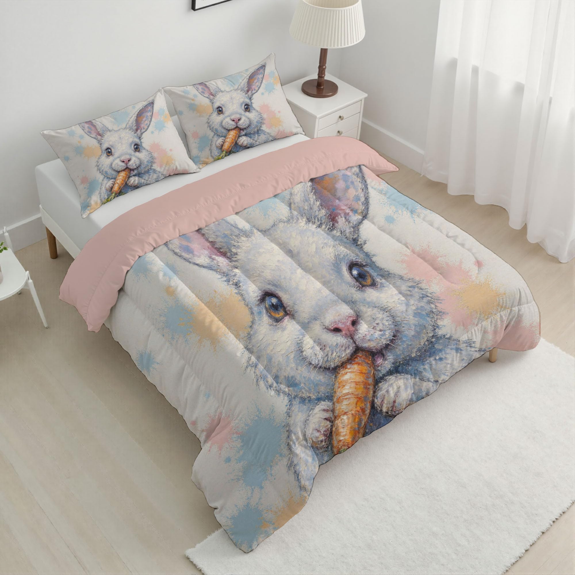 Trapunta Letto Matrimoniale 4 Stagioni Piumone per Bambini, Coniglio Carota Leggero Astratto Pittura A Inchiostro Set di Biancheria da Letto 200x200cm con 2 Federe,Piumino Lavabile In Lavatrice