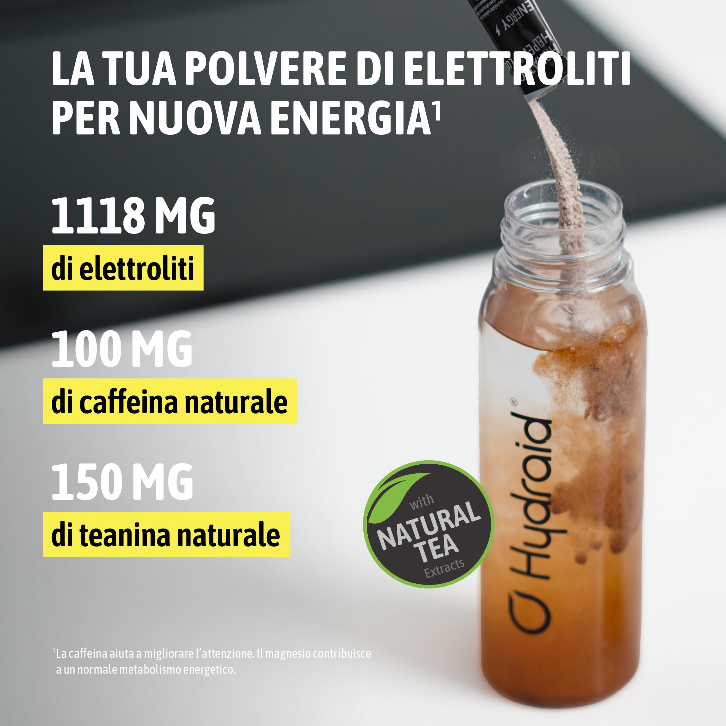 Hydraid Hydration Helper® PLUS ENERGY Tè freddo alla pesca – Polvere di elettroliti con caffeina – Più energia & più concentrazione – 20 bustine con estratto di tè verde e teanina