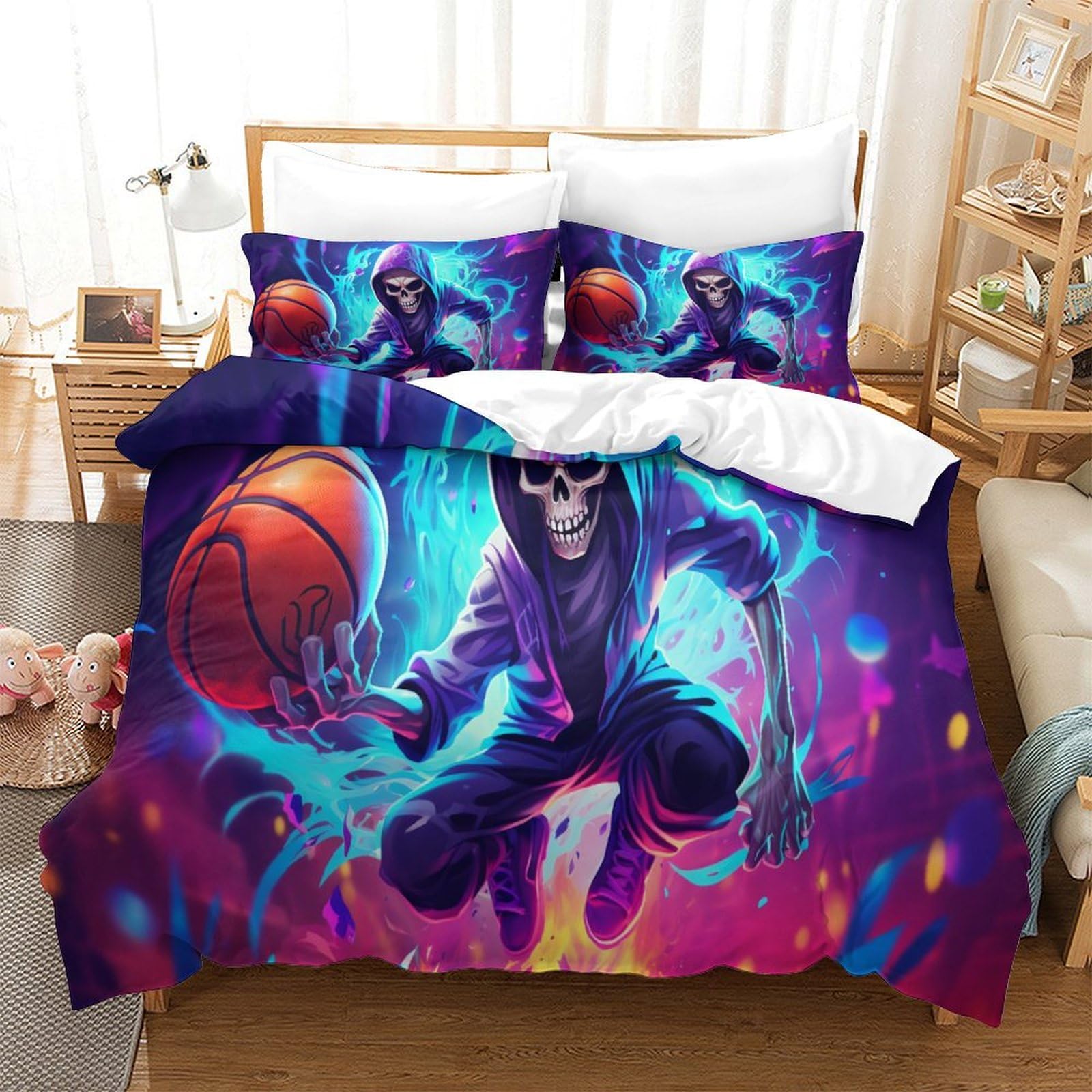 Baloncesto esqueleto Set Di Biancheria Da Letto Da 3 Pezzi in Microfibra Copripiumino Con Federe Morbida, Resistente,Anime Traspirante Copripiumini King（220x240cm）