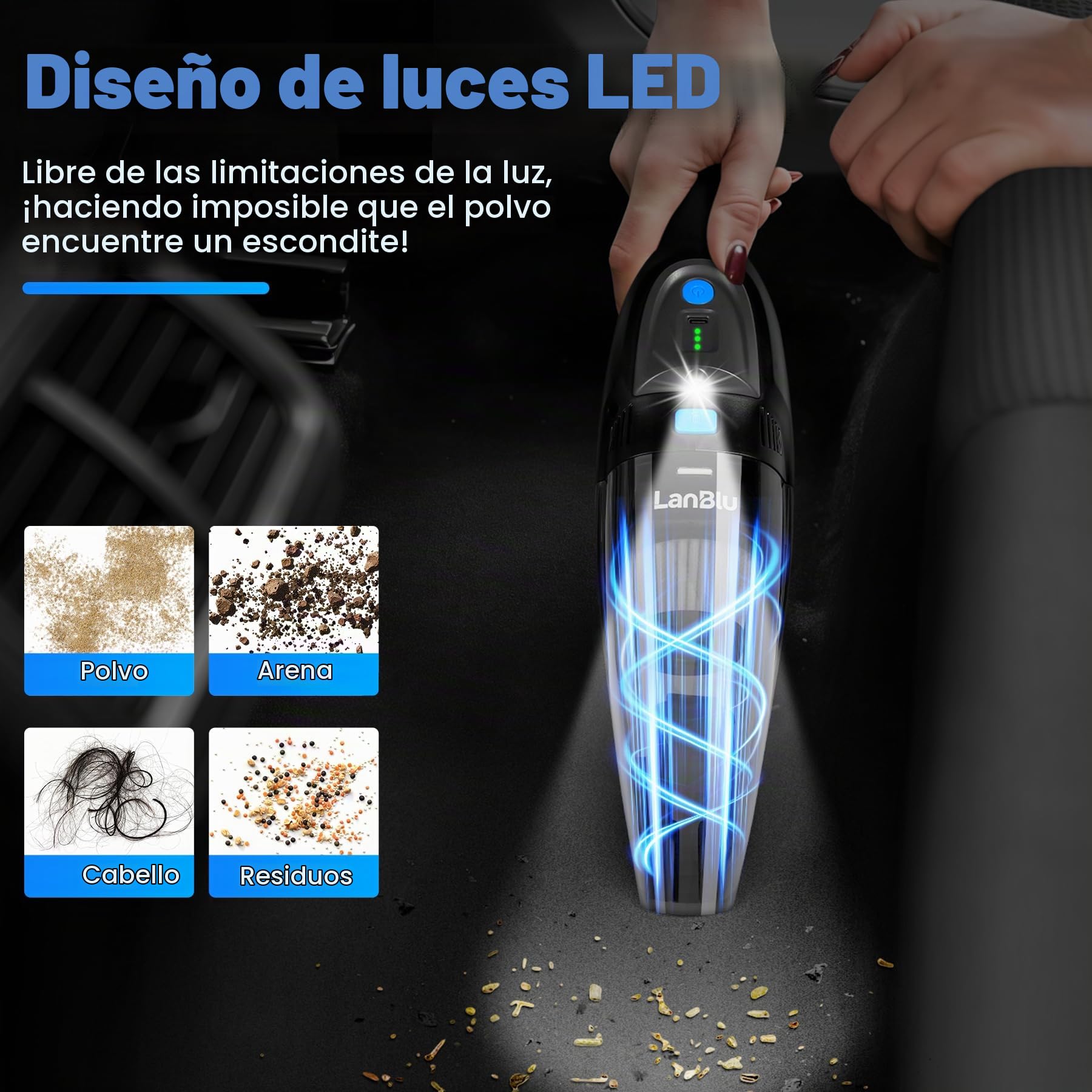 25000Pa Aspirador de Mano Potente con Estación de Carga e Iluminación LED | 8000mAh 120W Aspirador Coche con 2 Filtro HEPA Lavable, 600ml Húmedo y Seco Mini Aspiradora Portatil para Coche Hogar Cocina