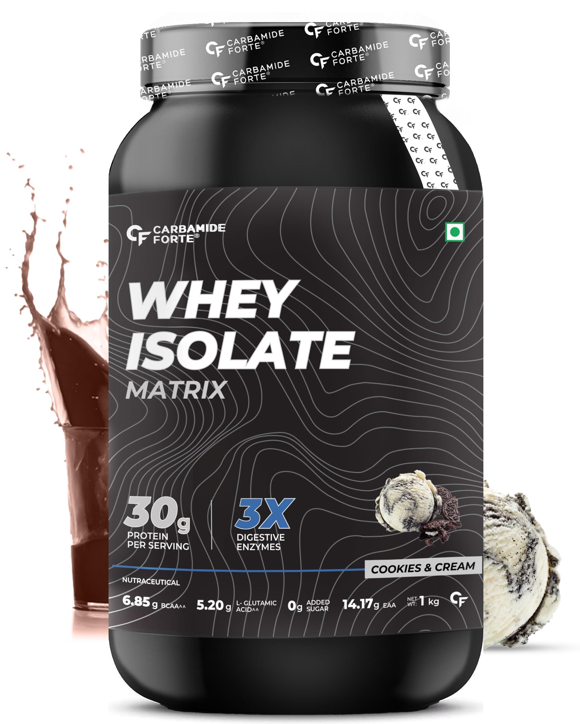 Carbamide Forte Whey Isolate Matrix|Isolate Protein Powder|30G Protein Per Serving With Isolate Whey Protein|3X Digestive Enzymes|6.85G Bcaa|14.17G Eaa|0G Added Sugar|Cookies And Cream Flavour - 1Kg