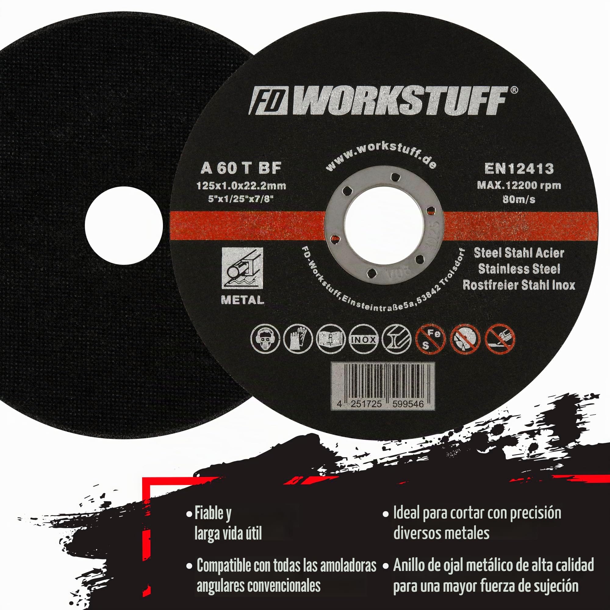 Fd-Workstuff Discos de Corte Profesionales | 100 piezas | Ø 125 mm, 1 mm de grosor | para amoladoras flexibles, de separación | Inox | Disoc de Corte | Discos Flexibles