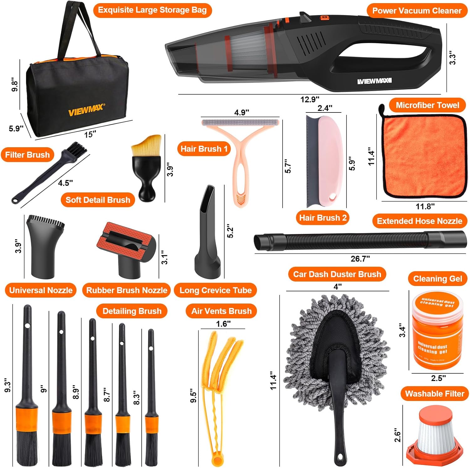 Car Cleaning Kit 19Pcs, Car Interior Detailing Kit with 12000PA High Power Handheld 12V Corded Vacuum, Detailing Brush Set, Cleaning Gel, Complete Car Vacuum Cleaner with Storage Bag for Men & Women