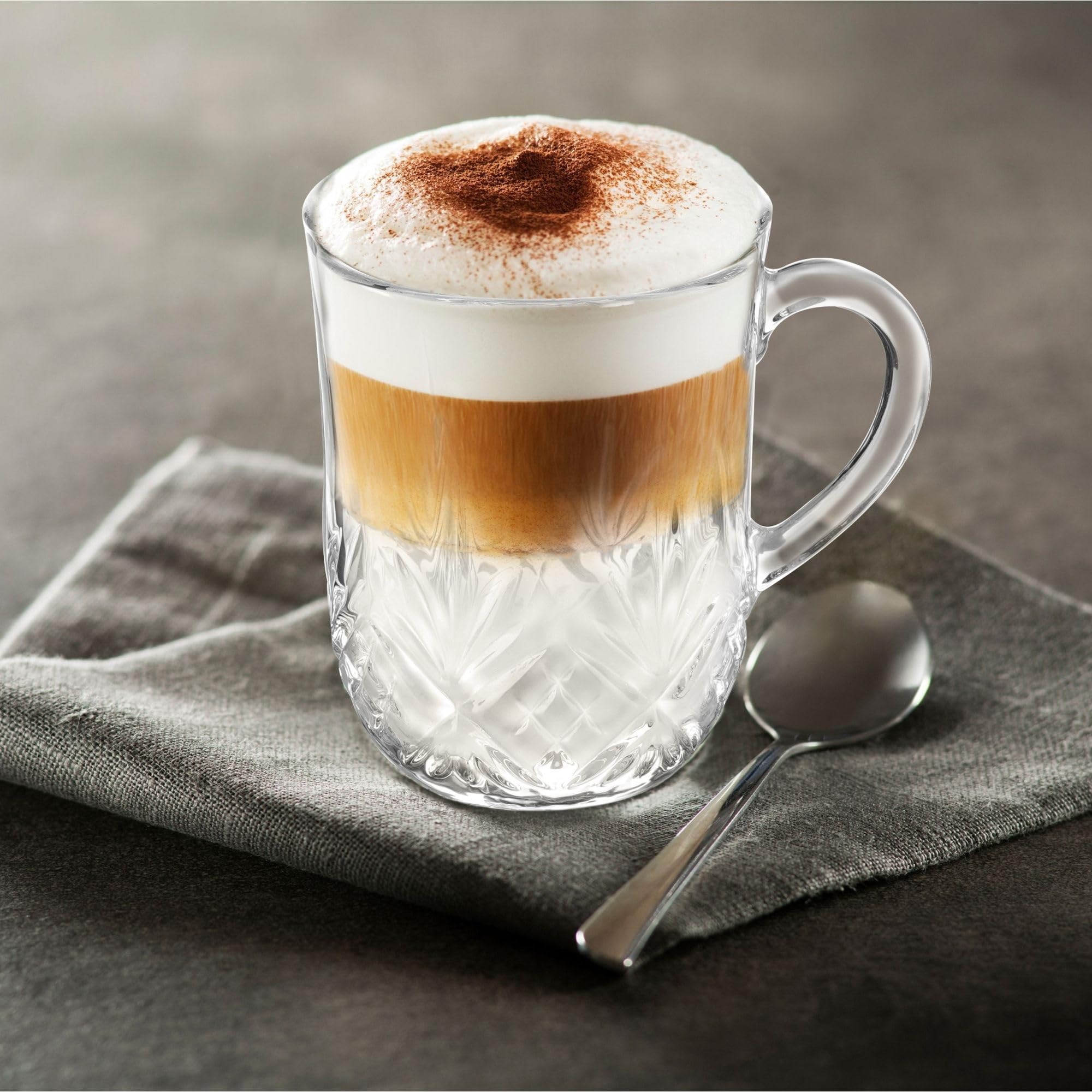 Muldale Set of 4 Crystal Coffee Mugs - Clear Glass Coffee Mugs for Hot Drinks with Handles - Hot Buttered Rum Mugs - 11.15 oz