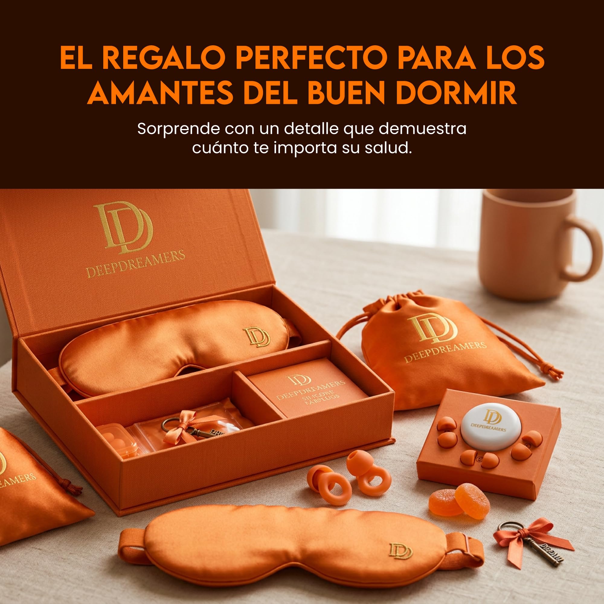Pack descanso premium: Antifaz para dormir 3D seda, tapones para dormir de silicona, amuleto del sueño y bolsa satén – Kit relajacion sleep mask, tapones oidos en casa o de viaje. Regalos originales.