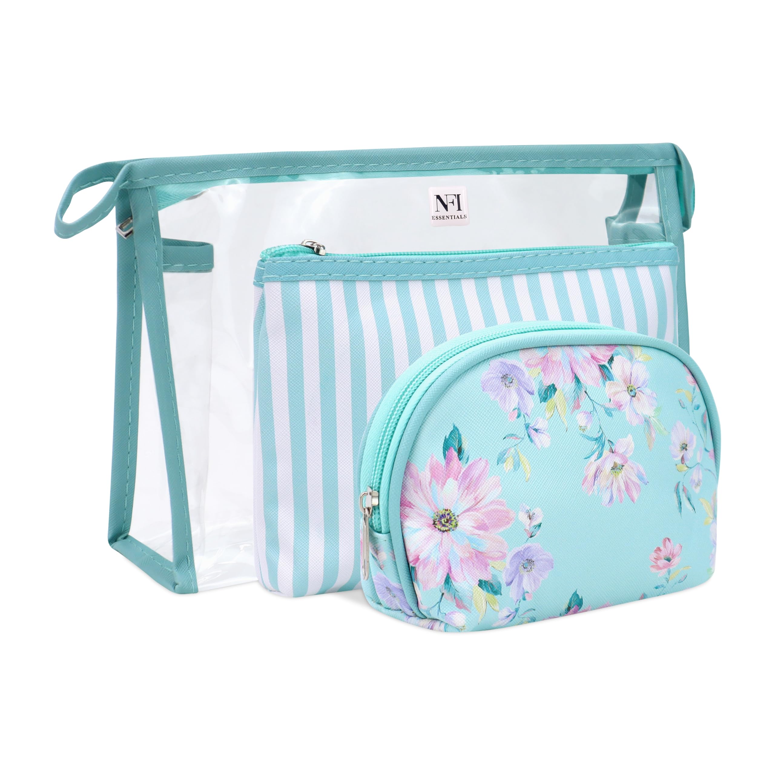 NFI essentials Set of 3 Flower Print Cosmetic Pouch Makeup Pouch Vanity Pouch Travel Organizer Toiletry Pouch for Women, Striped Wristlet Zippered Pouch Set, Large, Medium, Small-image-21