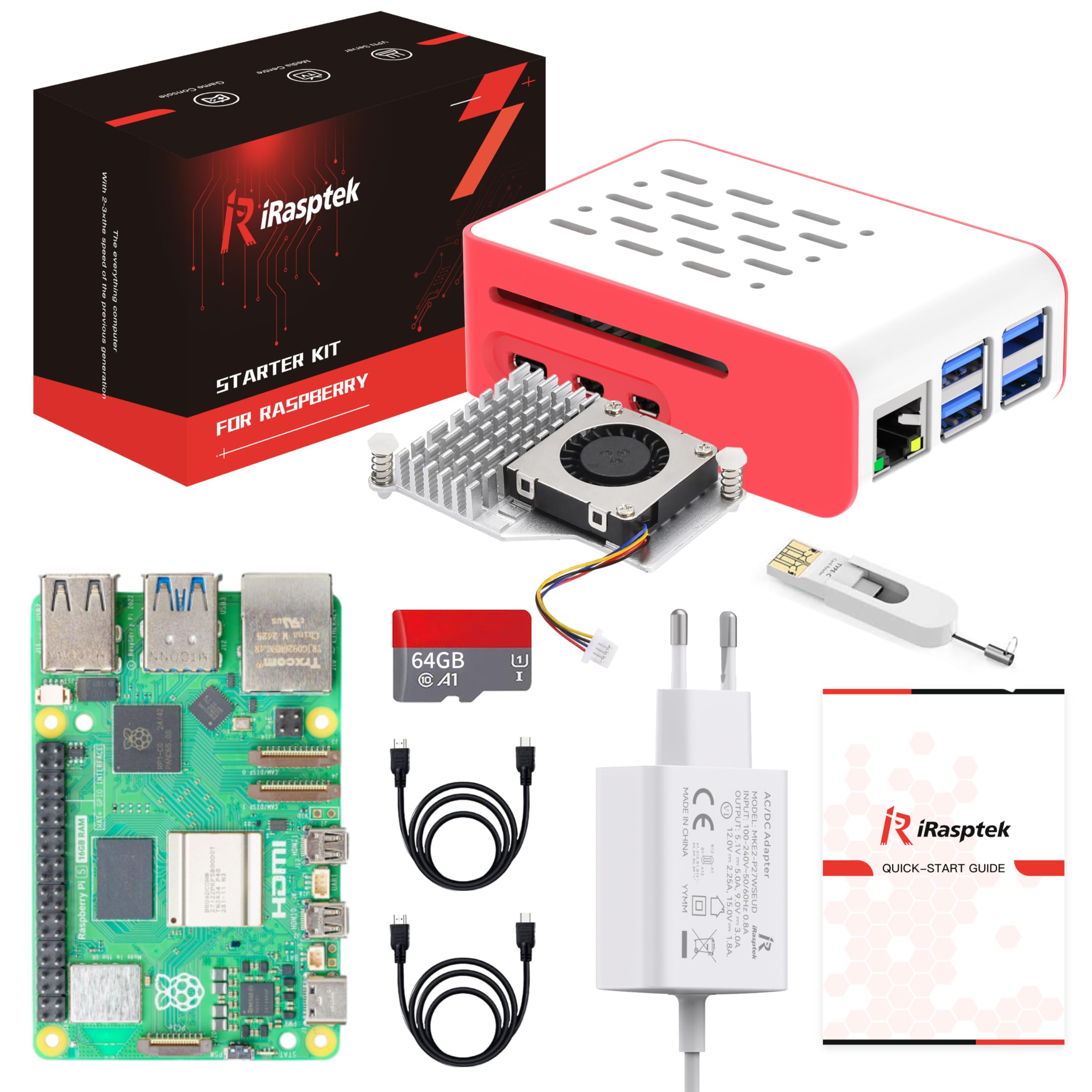 iRasptek Starter Kit for Raspberry Pi 5-64GB Edition von OS-Bookworm vorinstalliert (Rote und weiße Gehäuse) (16GB-64GB)