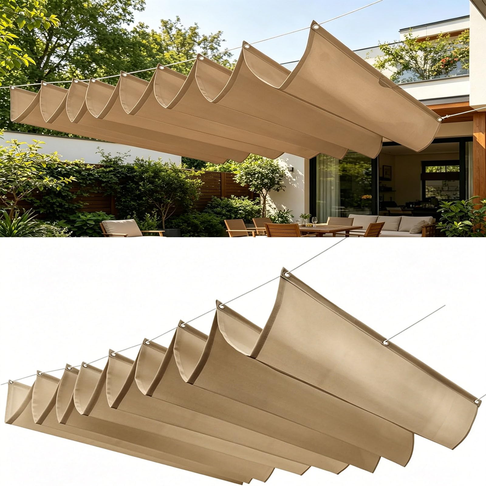 Einziehbares Welle Sonnensegel 200 x 400 cm Nach Maß Pergola Markise Verstellbar Schattenabdeckung 95% Uv-Schutz & Reißfest Nach Maß Pergola Markise für Outdoor Balkon, Khaki