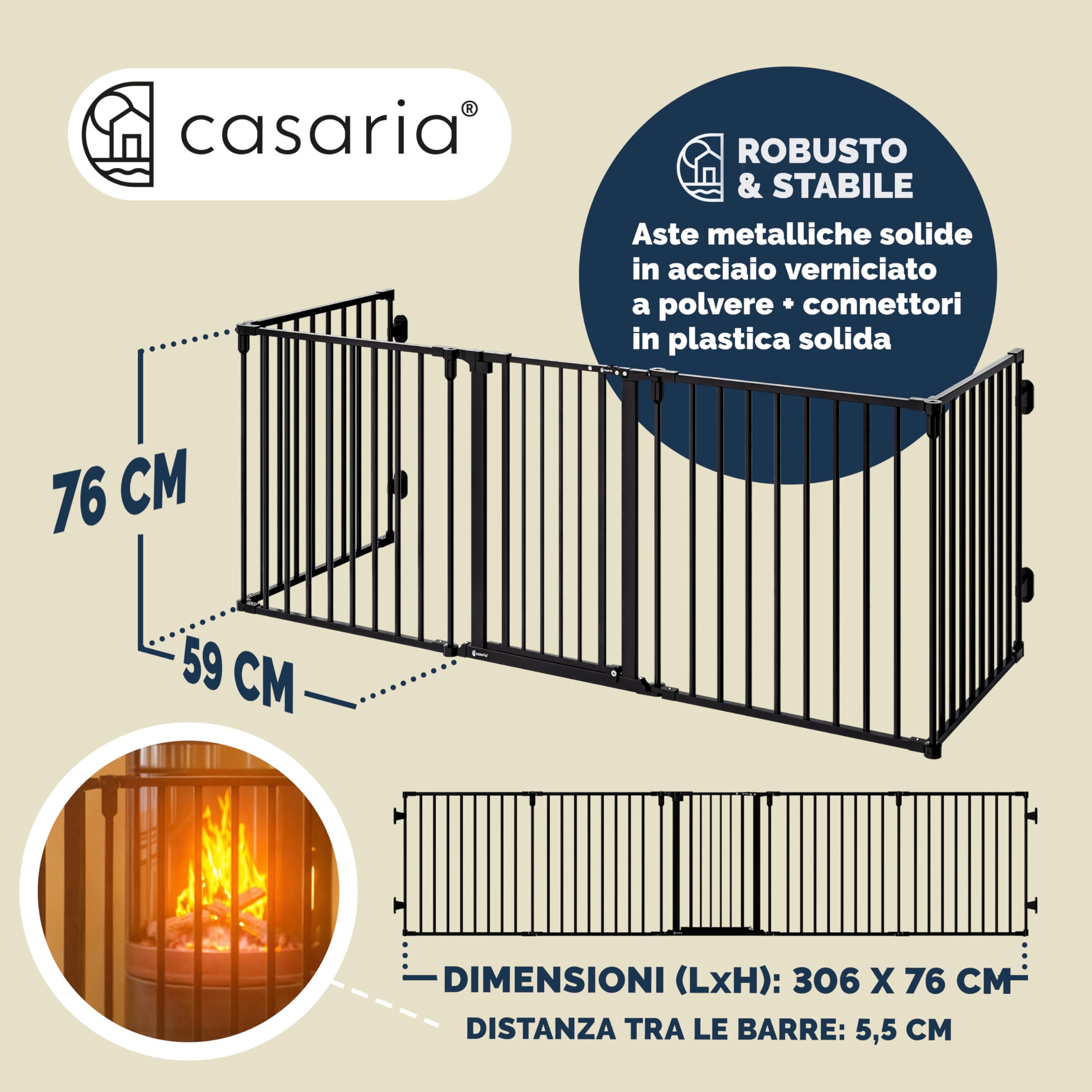 CASARIA Cancelletto di Sicurezza per 306x76cm Protezione | Sportello in Metallo 306x76cm Protezione Cani Animali Barriera, Cancello Camino Scale Stufa, Utilizzo sicuro, Uso flessibile