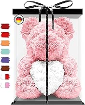 Birkental Rosen Bär - extra großer 40-45cm handgemachter Rosenbär mit Herz und Geschenkbox - Blumenbär als Geburtstagsgeschenk für Frauen, Freundin, Geburtstag, Rose Bear Teddybär (Weiß Herz Rot)