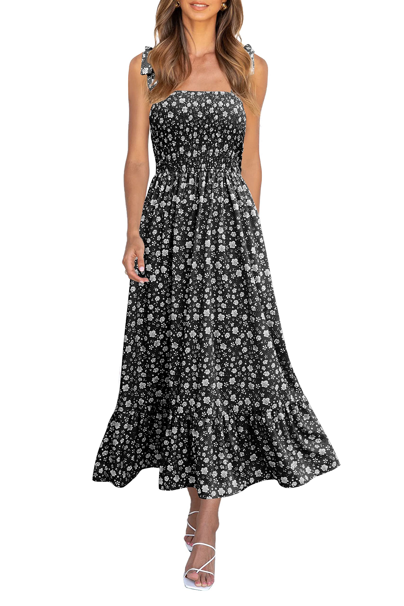 Imily Bela Womens Summer Smocked Maxi Dresses Floral Boho Beach Sundress