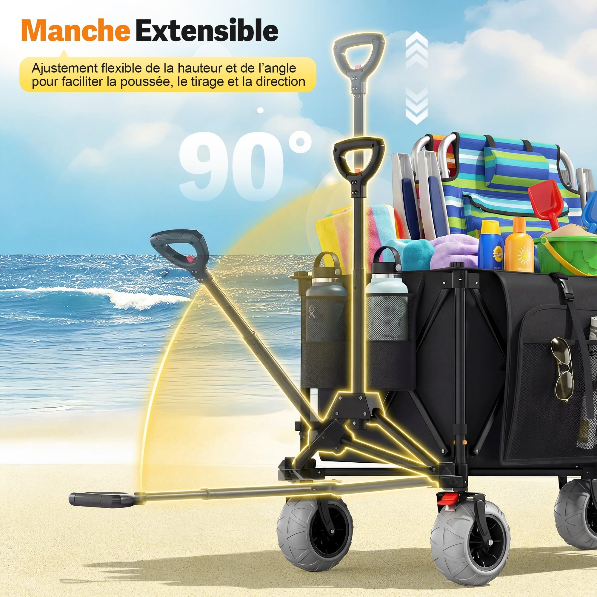 Devoko Chariot de Plage Pliable 200L 150KG, Chariot de Plage Tout Terrain avec PU Roues Extra Larges 21.5x10 cm, Charette Pliable Poignée Réglable Pivotantes à 90° pour Plage, Camping, Courses(Noir)