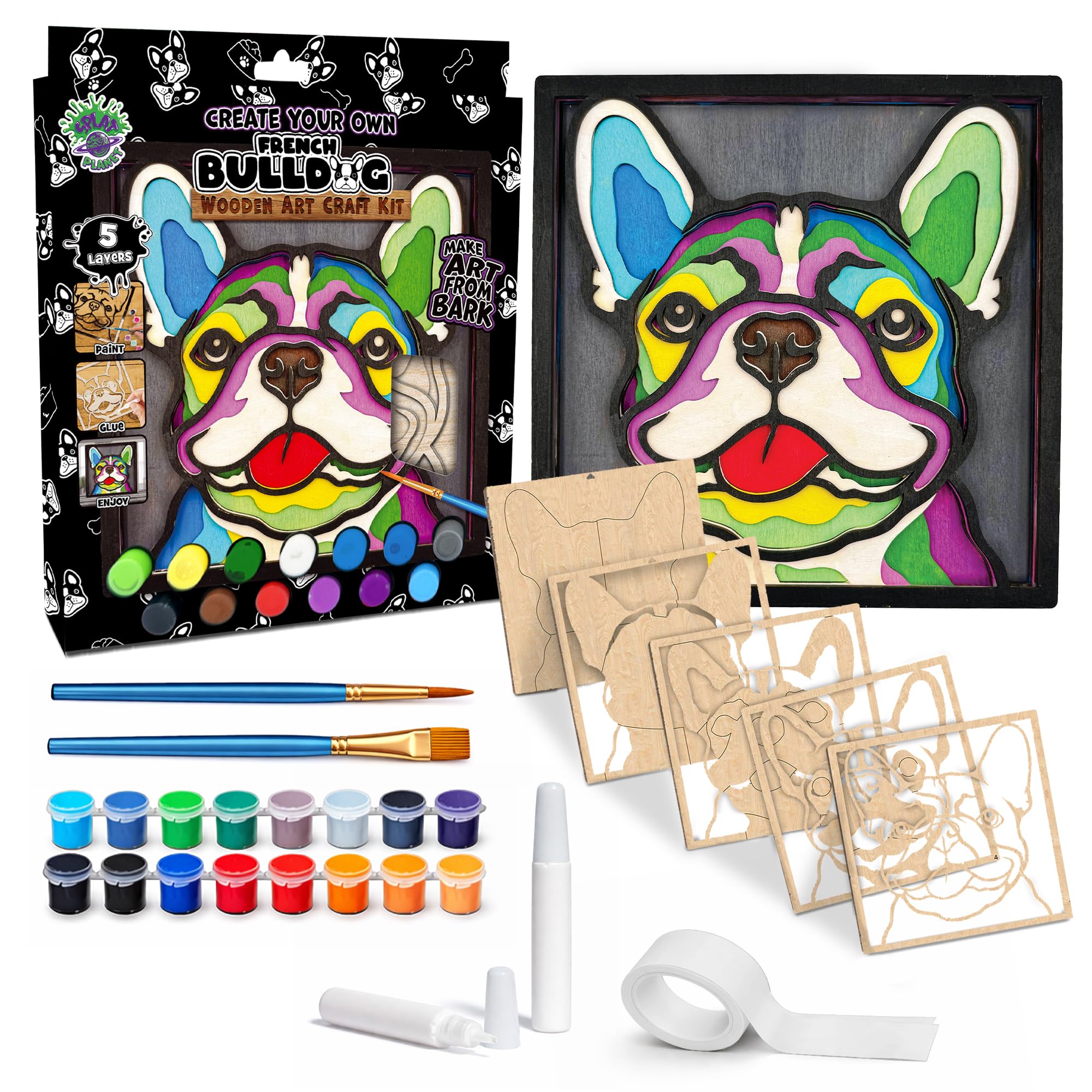 Splat Planet - French Bulldog 3D Wooden Art Kit – Paint Your Own 3D Layered Wood Wall Art for Kids & Adults, DIY 3D Art French Bulldog Wood Painting Kit Wooden Art and Craft Gift Set, 25 x 25cm