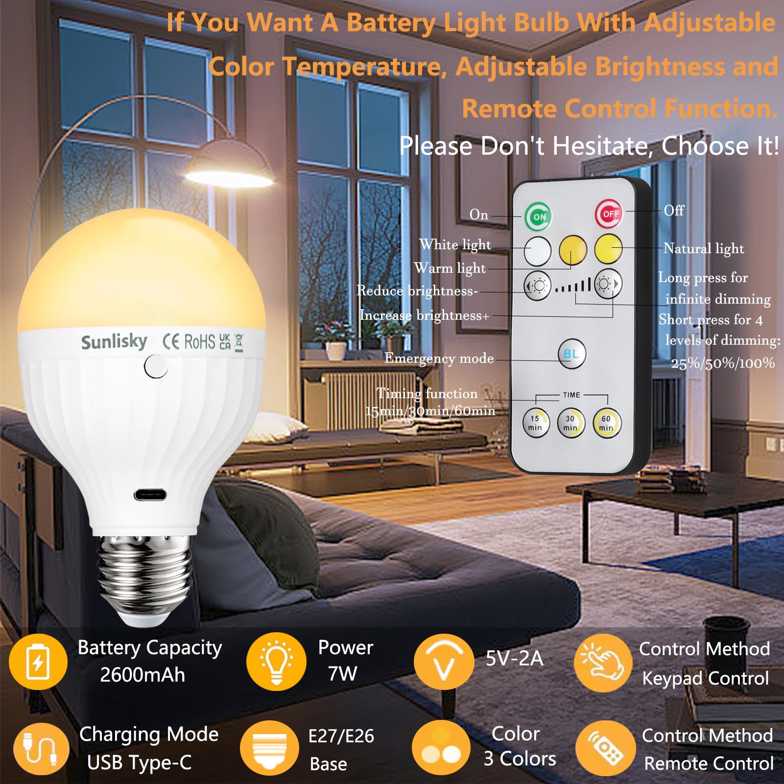 Lampadina Ricaricabile USB E27 LED Con Telecomando - 3 Temperature di Colore, Dimmable, 7W, Touch Control Con Timer - Batteria 2600 mAh, Gancio Per Soccorso - 1 Pack
