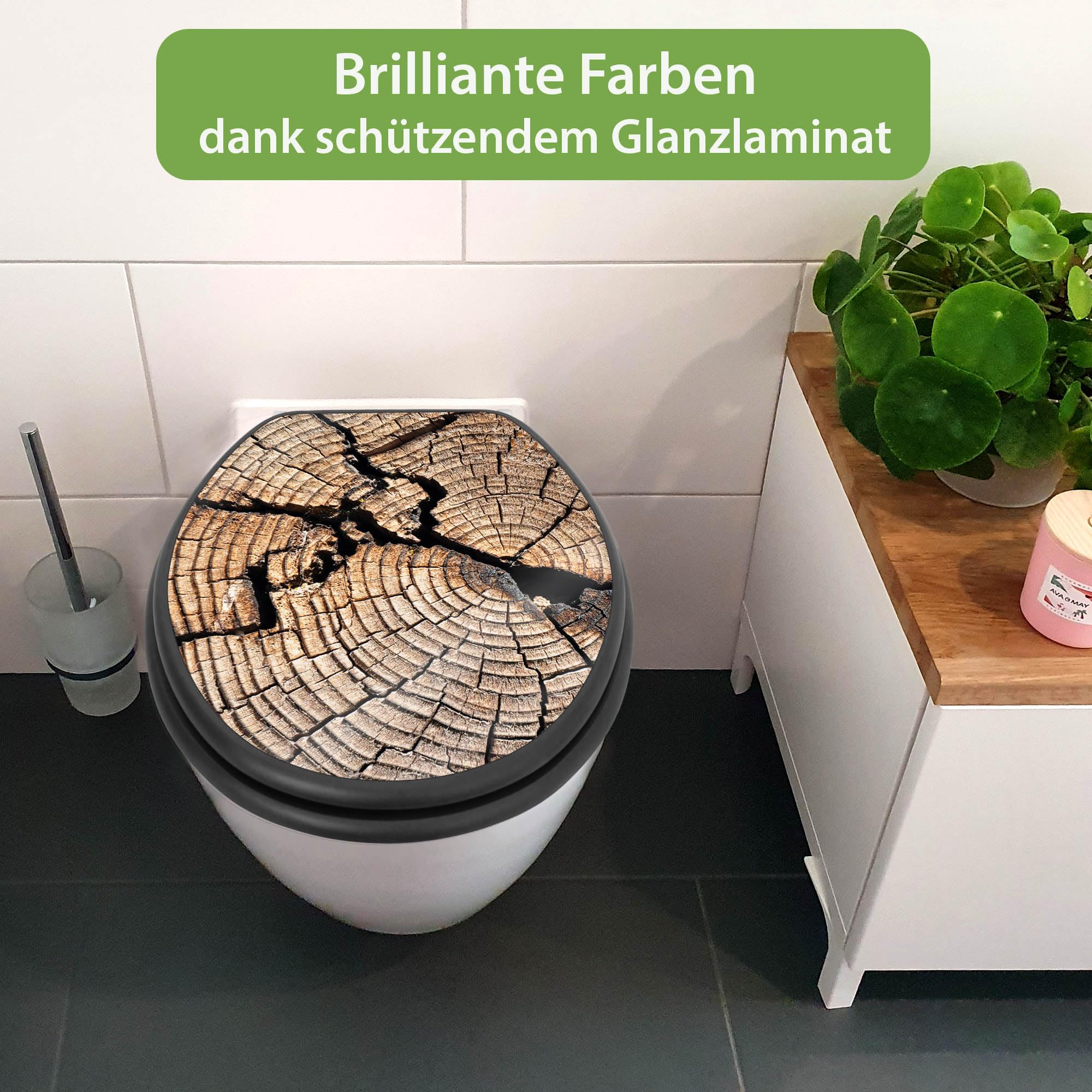 banjado WC Sitz Holzoptik - mit Absenkautomatik Softclose - 38 x 46,5cm O-Form - MDF Holz Toilettendeckel anthrazit - Klositz grau pflegeleicht für Badkomfort Motiv Zeichen Der Zeit