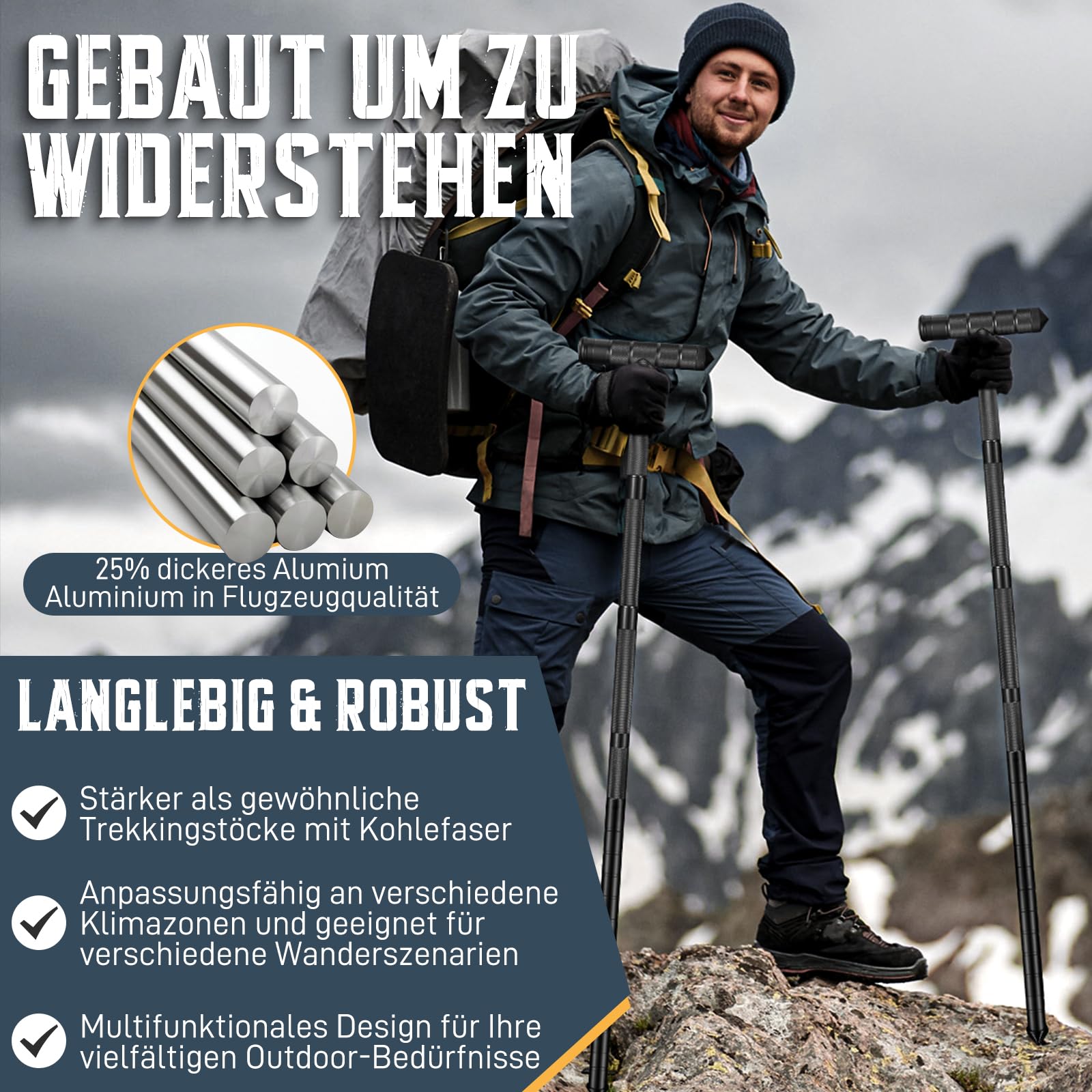 Golden Bird Wanderstöcke 13 in 1 Multifunktionale Wanderstock Trekkingstöcke Survival Verstellbare Aluminium Walking Stöcke mit Messer im Griff für Outdoor Camping Wandern Schwarz Geschenke für Männer