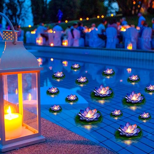 24 luces flotantes para piscina, faroles flotantes de loto, flores flotantes artificiales realistas para piscina con luces LED, almohadillas de