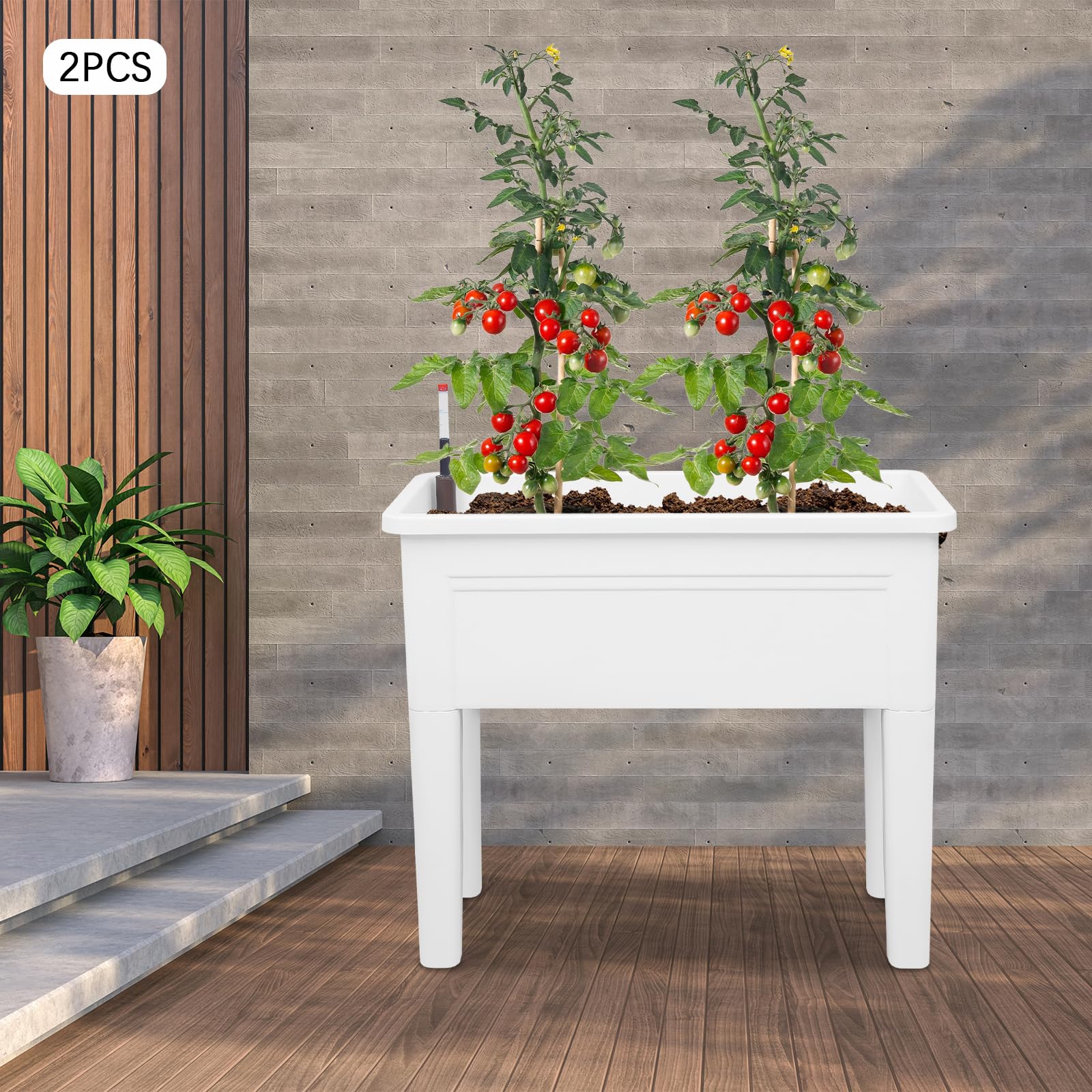 Juego de 2 piezas, con indicador de nivel de agua, material de PP, color blanco, moderno, para balcón, jardín, terraza, jardinera, jardinera, jardinera, jardinera, jardinera, jardinera, jardinera