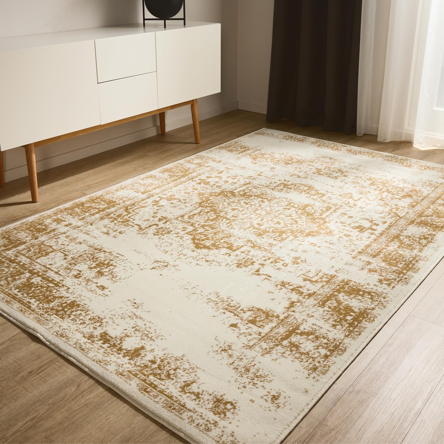 benuta Basic Tapis Salon Suki - Crème/Jaune 160x230 cm - Synthétique - Rectangulaire Vintage Oriental - Entretien Facile Salon Chambre