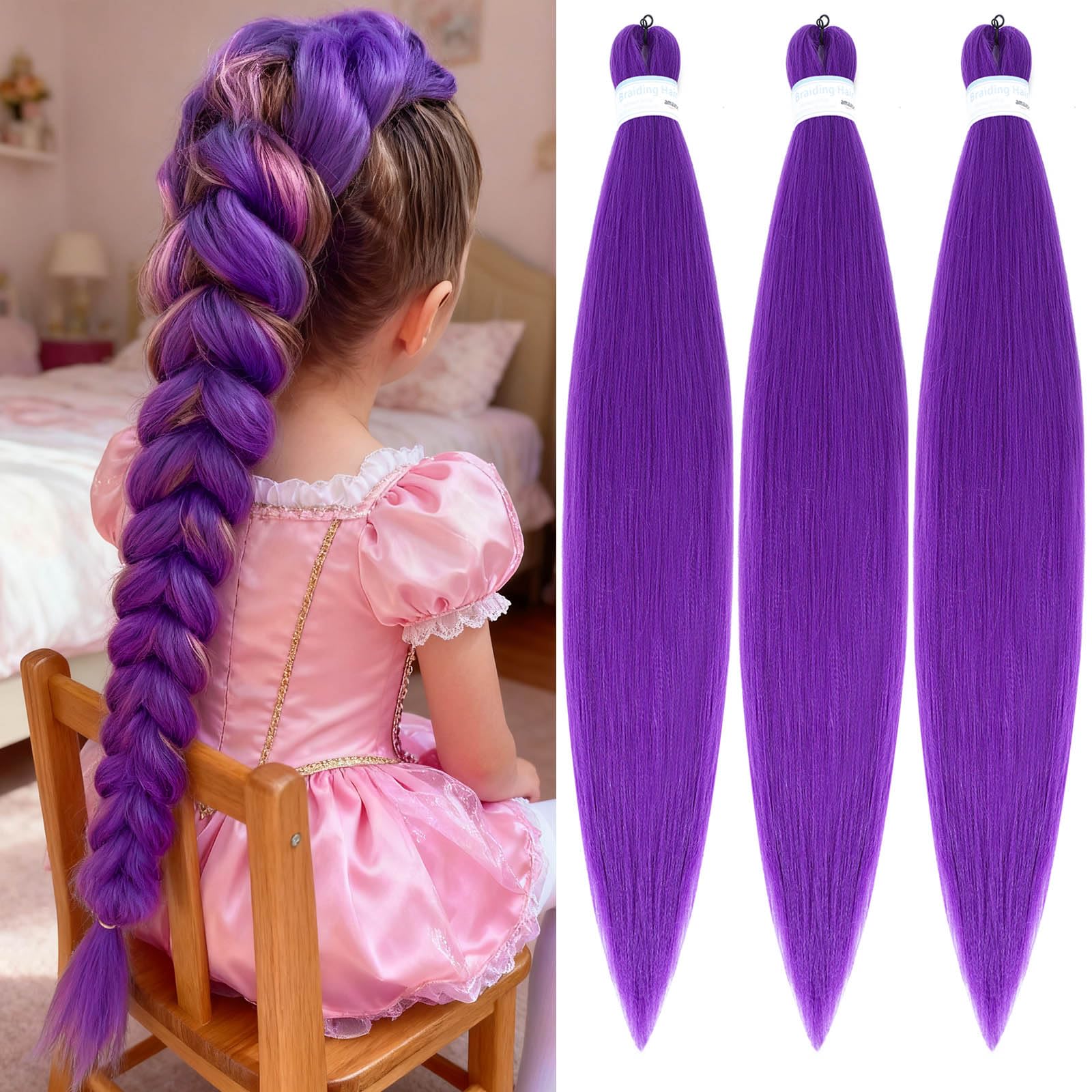 Braiding Hair Pre Stretched for Women Hair Extensions Box Braids Soft Synthetic Knotless Yaki Texture Hot Water Setting Braid Purple (26inch 3Packs)