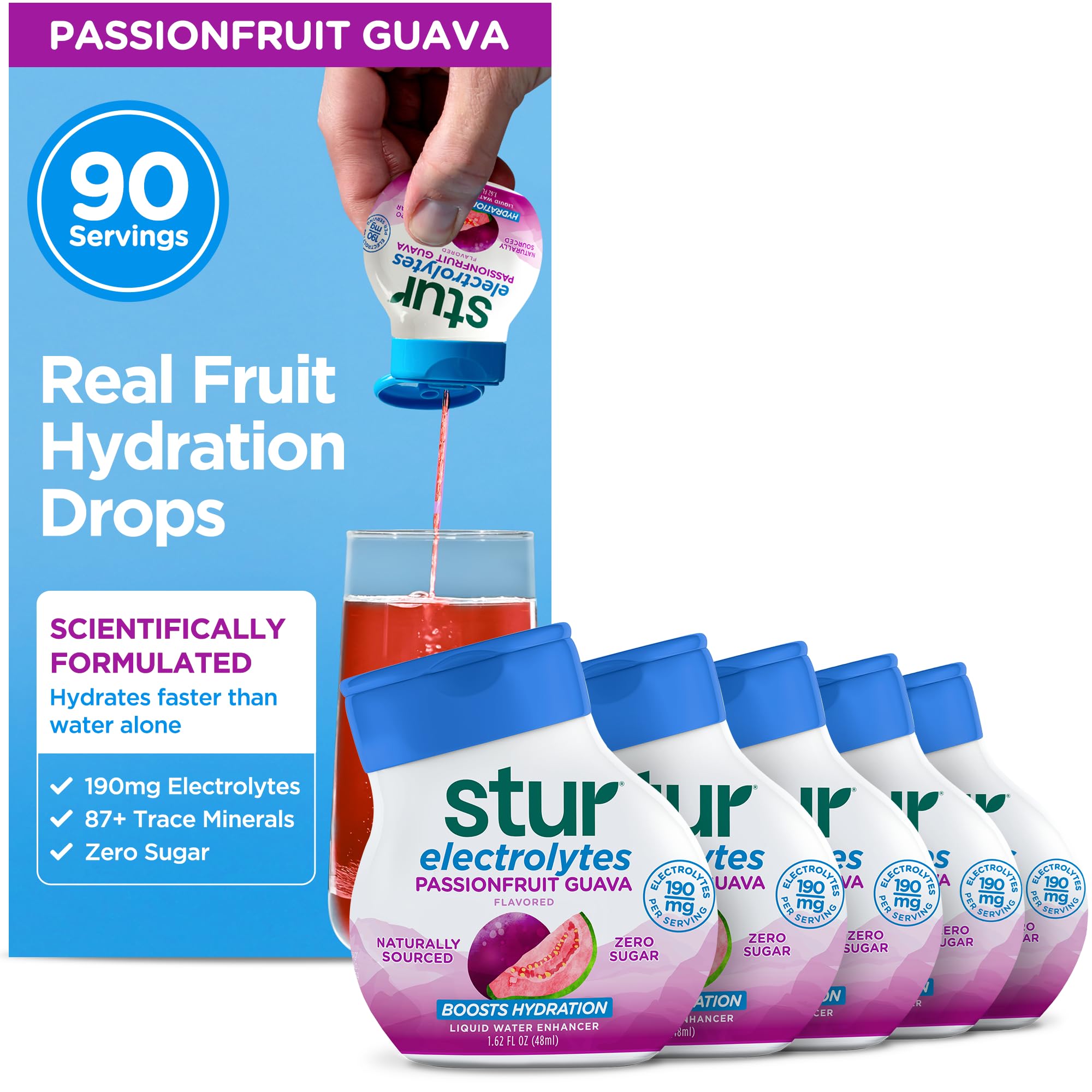 Stur Electrolyte Water Enhancer | Sweetened with Stevia | High in Antioxidants | Sugar Free | Zero Calories | Keto | Vegan | 5 Bottles, Makes 90 Drinks (Passionfruit Guava)