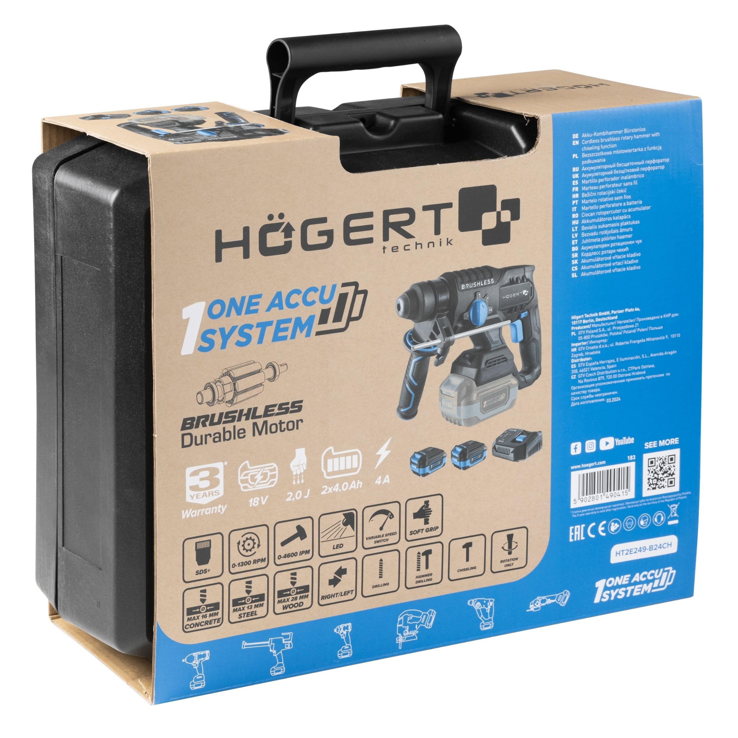 HÖGERT TECHNIK Martillo perforador a batería brushless 18V, 2,0 J, función cincelado, batería 4,0 Ah, cargador 4A, engranaje metálico, LED
