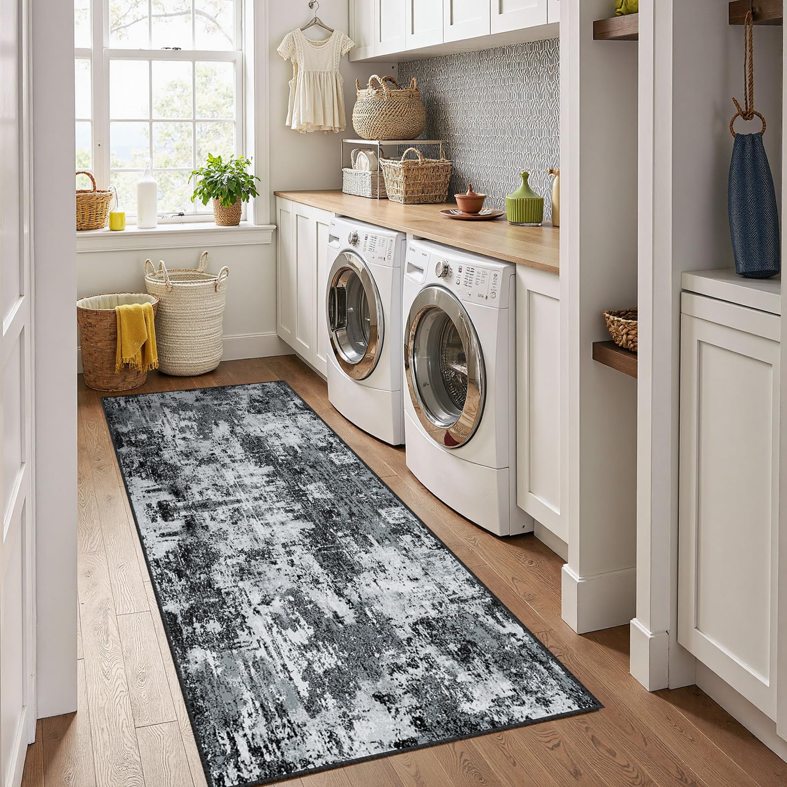 Washable Area Rugs 2'x6' Non-Slip Modern Abstract Soft for Living Room Entryway Bedroom Nursery, Print Pattern, Black Gray