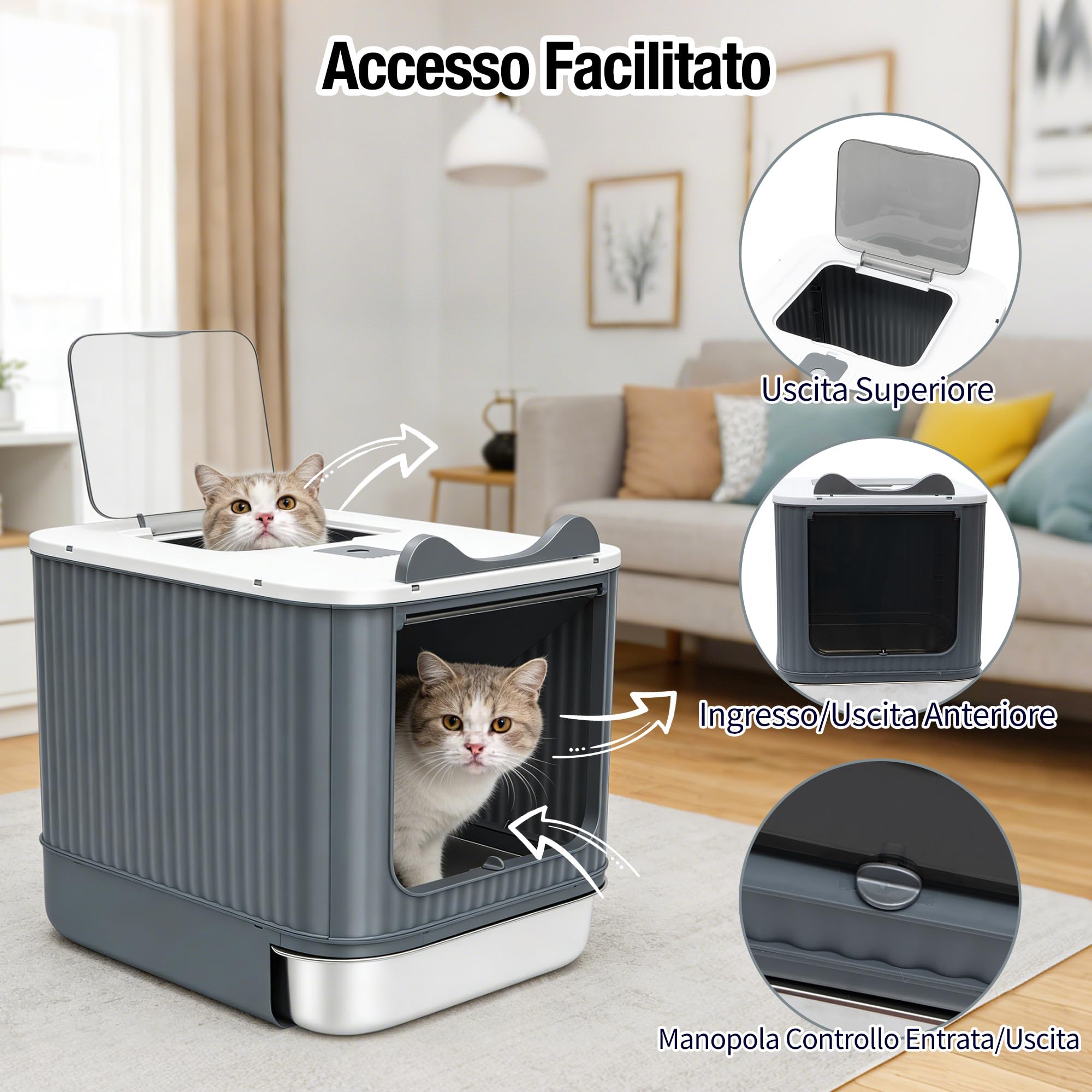 Lettiera per Gatti in Acciaio Inox, Lettiera Gatto Chiusa con Coperchio, Tappetino e Paletta, Lettiere in Metallo Rimovibile con Carbone Attivo - Resistente Agli Odori, Per Gatti Fino a 5,4 kg
