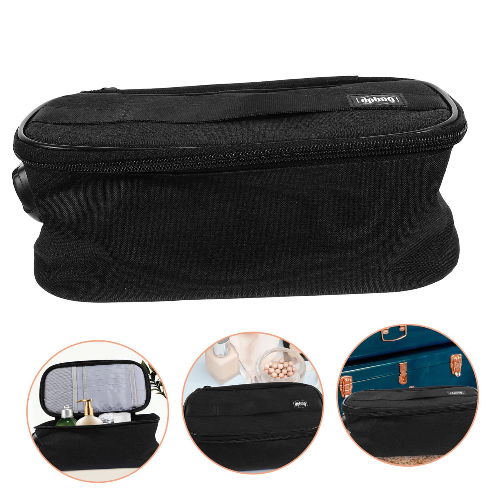 Schwarze Reisekosmetiktasche mit Mehreren Fächern aus Oxford Stoff | Platzsparend für Koffer, Tragbar für Party und Reise, für Make Up und Nagelwerkzeug