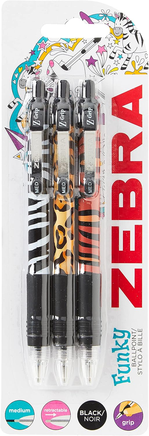 Zebra Pen Z Grip Black Pens Ballpoint, Smooth & Funky Ballpoint Pens with Pocket Clip, Retractable Black Ink Ballpoint Pens, Reliable Black Biro Pens Multipack for Everyday Use - Animal Design, 3pk