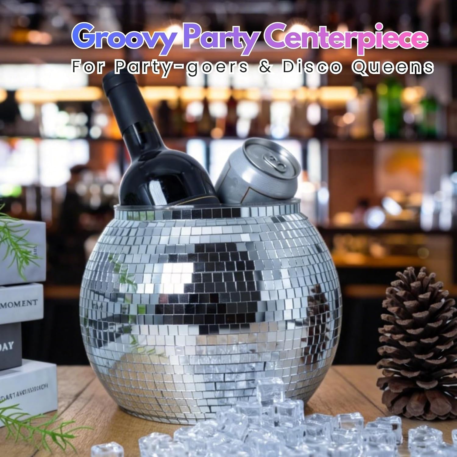 Disco Ball Ice Bucket 8.8Inch - Mirror Silver Disco Ball Decor Beverage Chiller for Cocktail Bar, Party Supplies, Wine, Beer, Champagne Cooler - Disco Party Decorations & Retro Bar Accessories