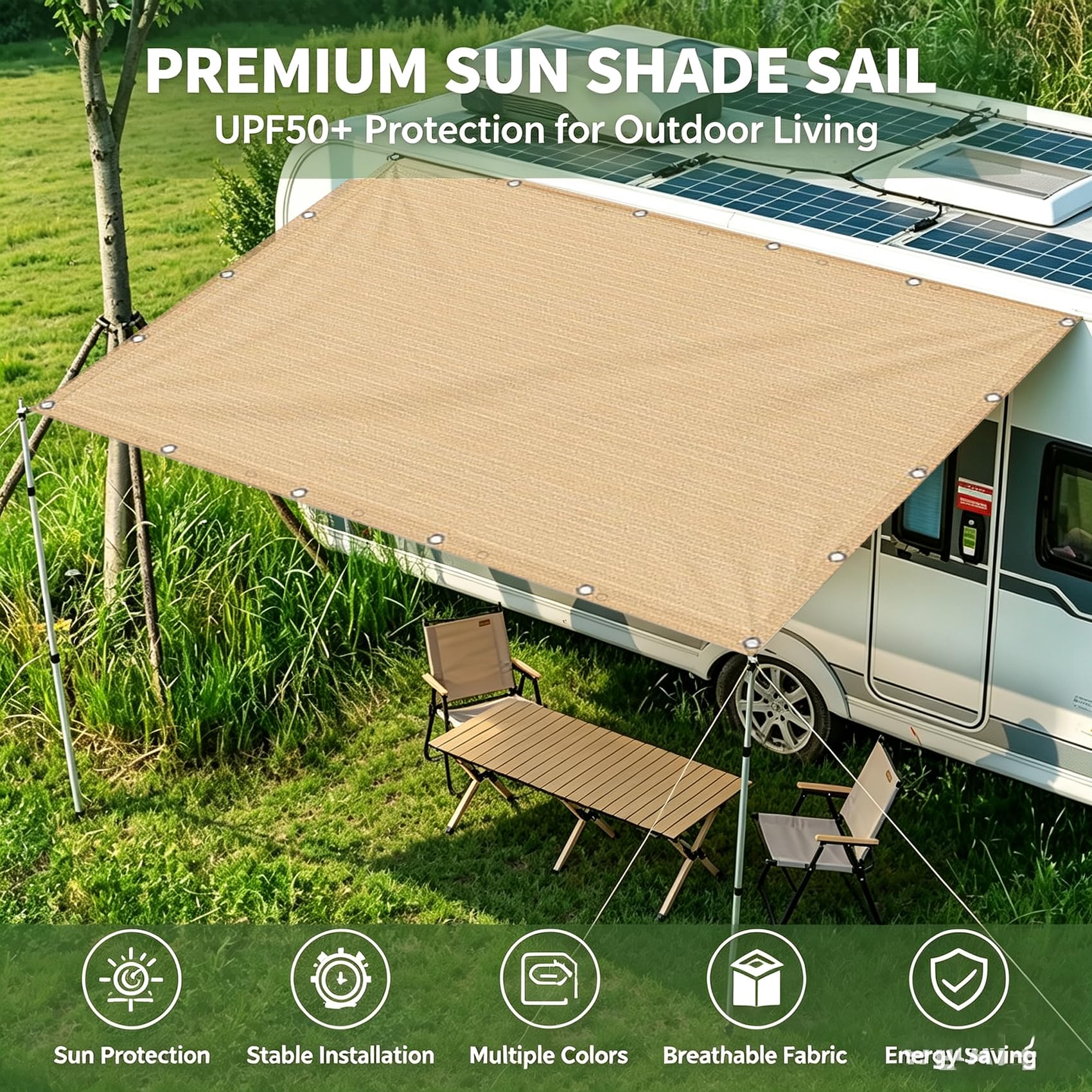 Sonnensegel Rechteckig 2.7 x 2.75 m aus Hdpe-Gewebe, Uv-Schutz, Wetterfest, Luftdurchlässig, Wasserdurchlässig, Windschutznetz Sonnenschutz mit Ösen für Balkon Terrasse, Sandgelb