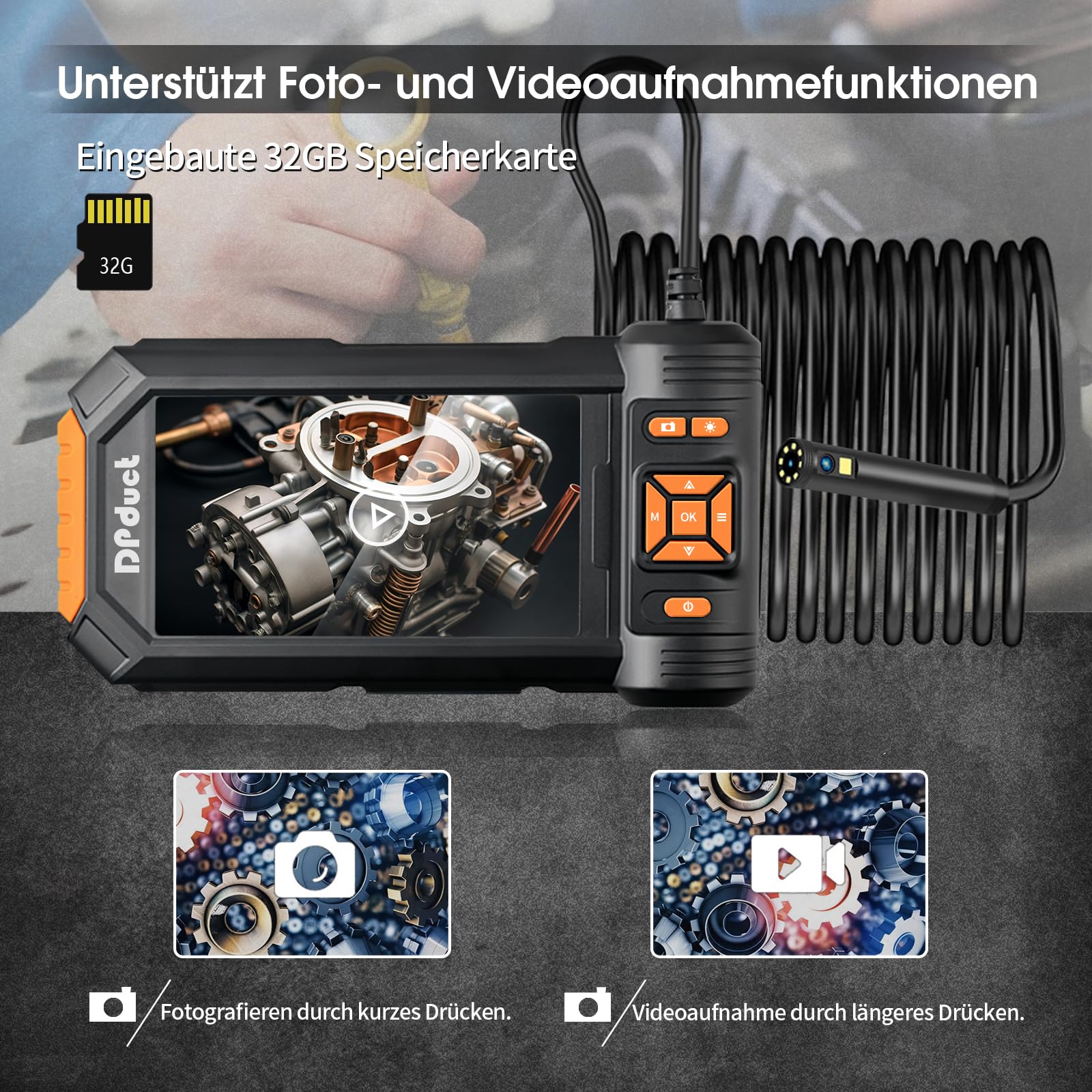 Telecamera per Ispezione,DPduct Endoscopio Industriale a Doppia Lente da 7,9 mm con 8+1 LED,IPS da 5,0",HD 1920p,Telecamera Impermeabile IP67,Cavo Semirigido Serpente da 10 m,Scheda da 32 GB,Arancione