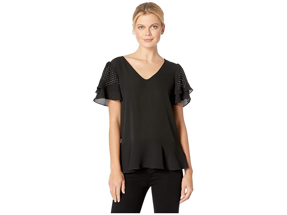 

MICHAEL Michael Kors Double Sleeve w/ Heat Stud Top (Black) Women's Clothing