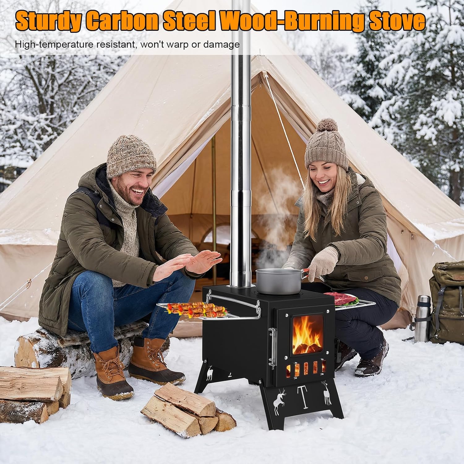 Portable Sauna Hot Tent Stove for Camping and Heat, 2 in 1 Wood Burning Stove, Camping Stove with 5 Pipes, Folding Stove for Outdoor Heating, Picnic, Cooking, Ice Fishing, Boiling Water