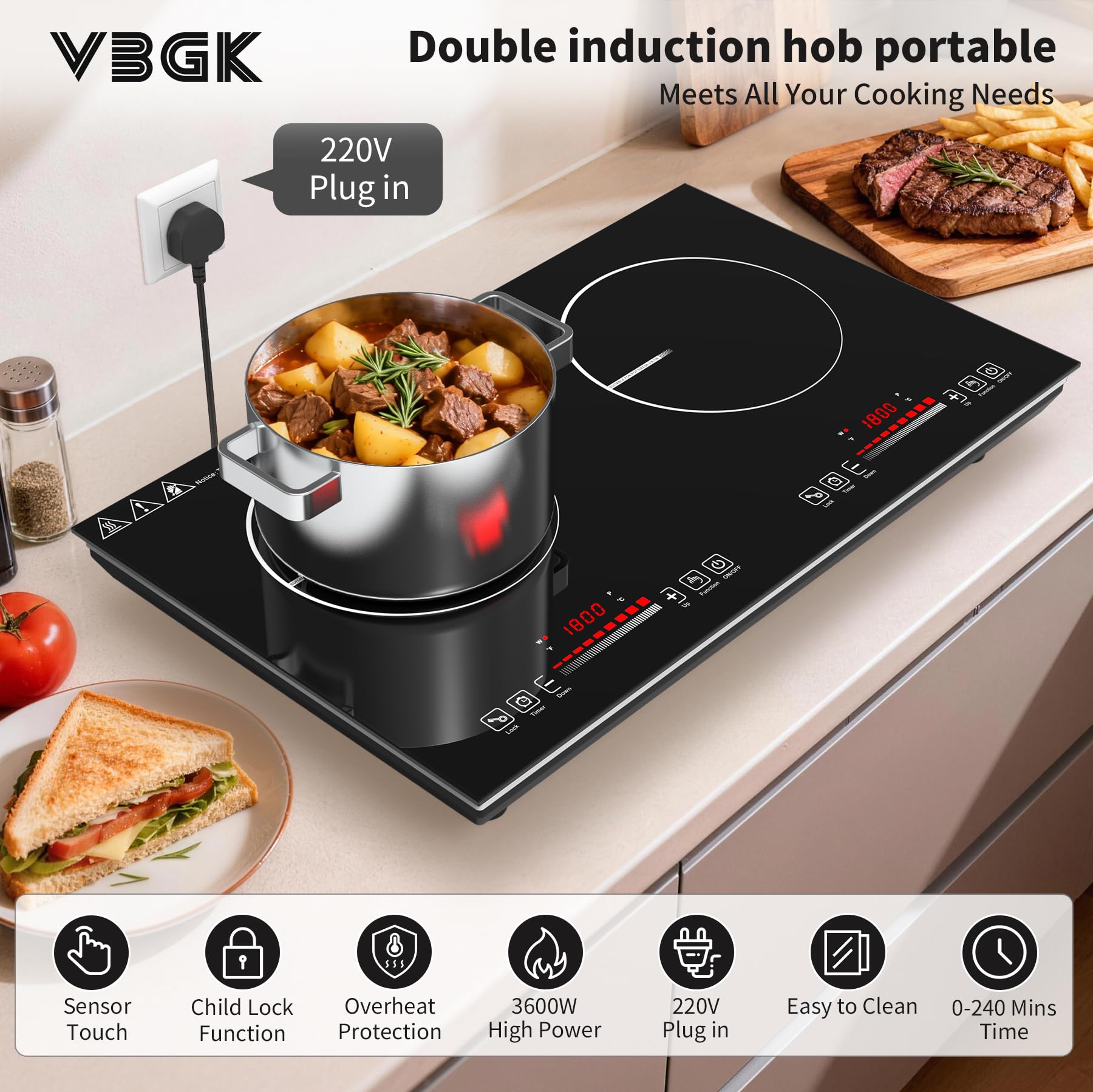 VBGK 2 burner Induction Hob,3600W Electric hob 2 burner with Knob Control,9 Power Levels, Kids Lock & Timer,LED touch control,double induction hob - 4